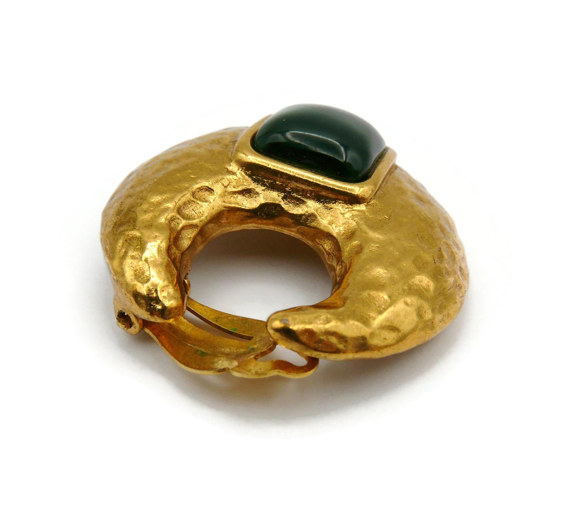 YVES SAINT LAURENT YSL Vintage Gold Tone Crescent Green Resin Clip-On Earrings For Sale 1