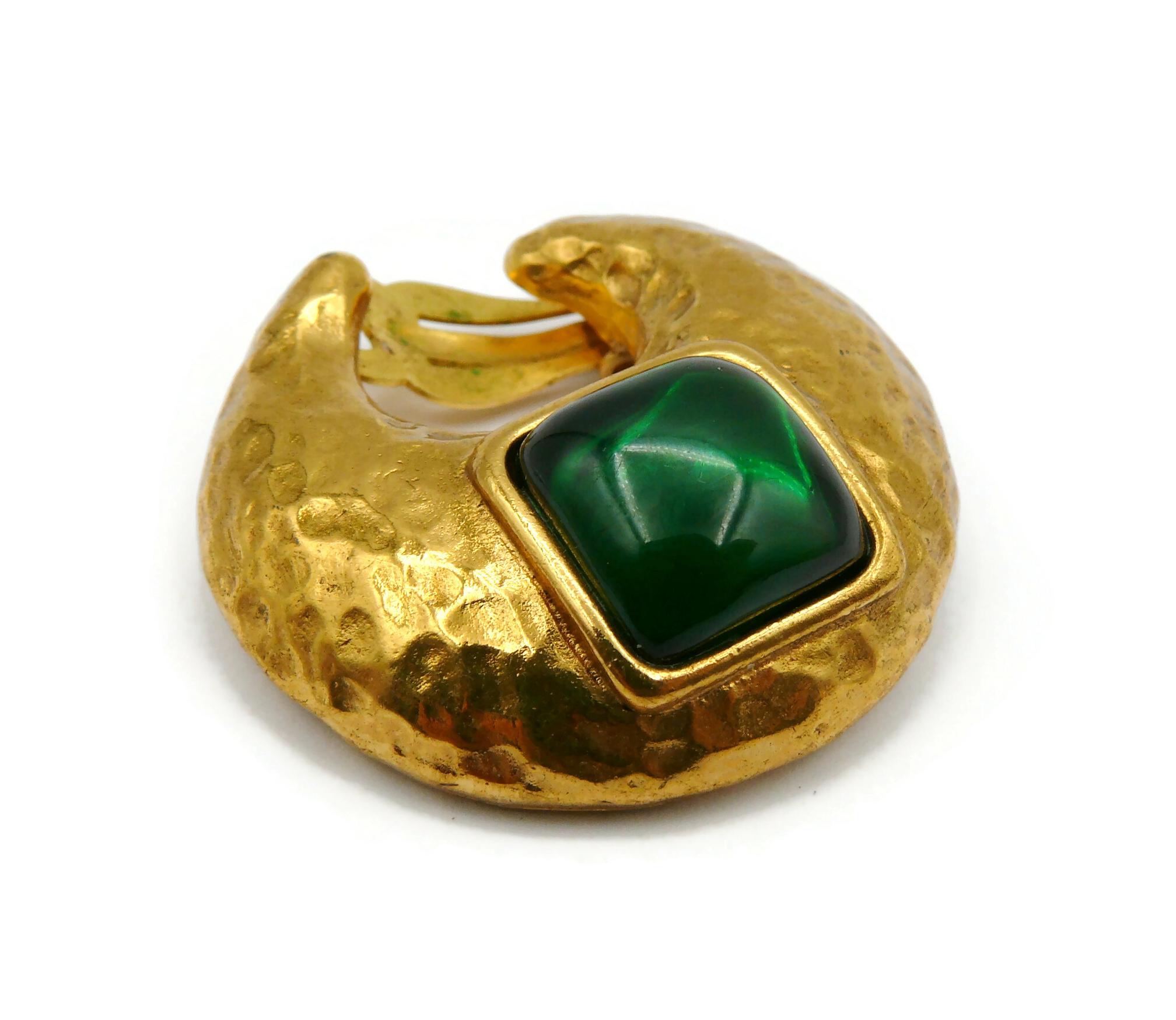 YVES SAINT LAURENT YSL Vintage Gold Tone Crescent Green Resin Clip-On Earrings For Sale 2