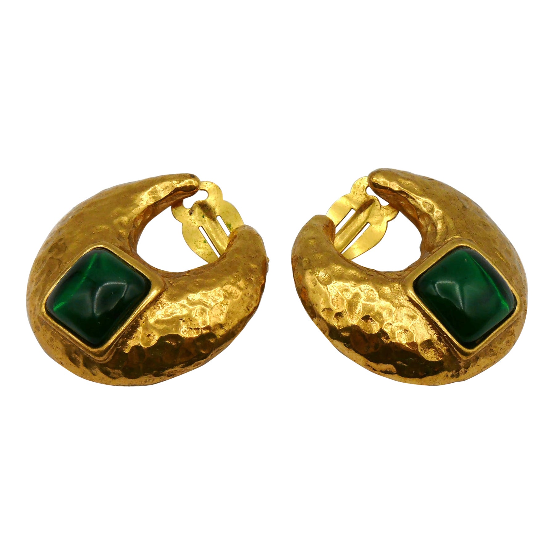 YVES SAINT LAURENT YSL Pendientes con clip de resina verde media luna vintage en tono dorado