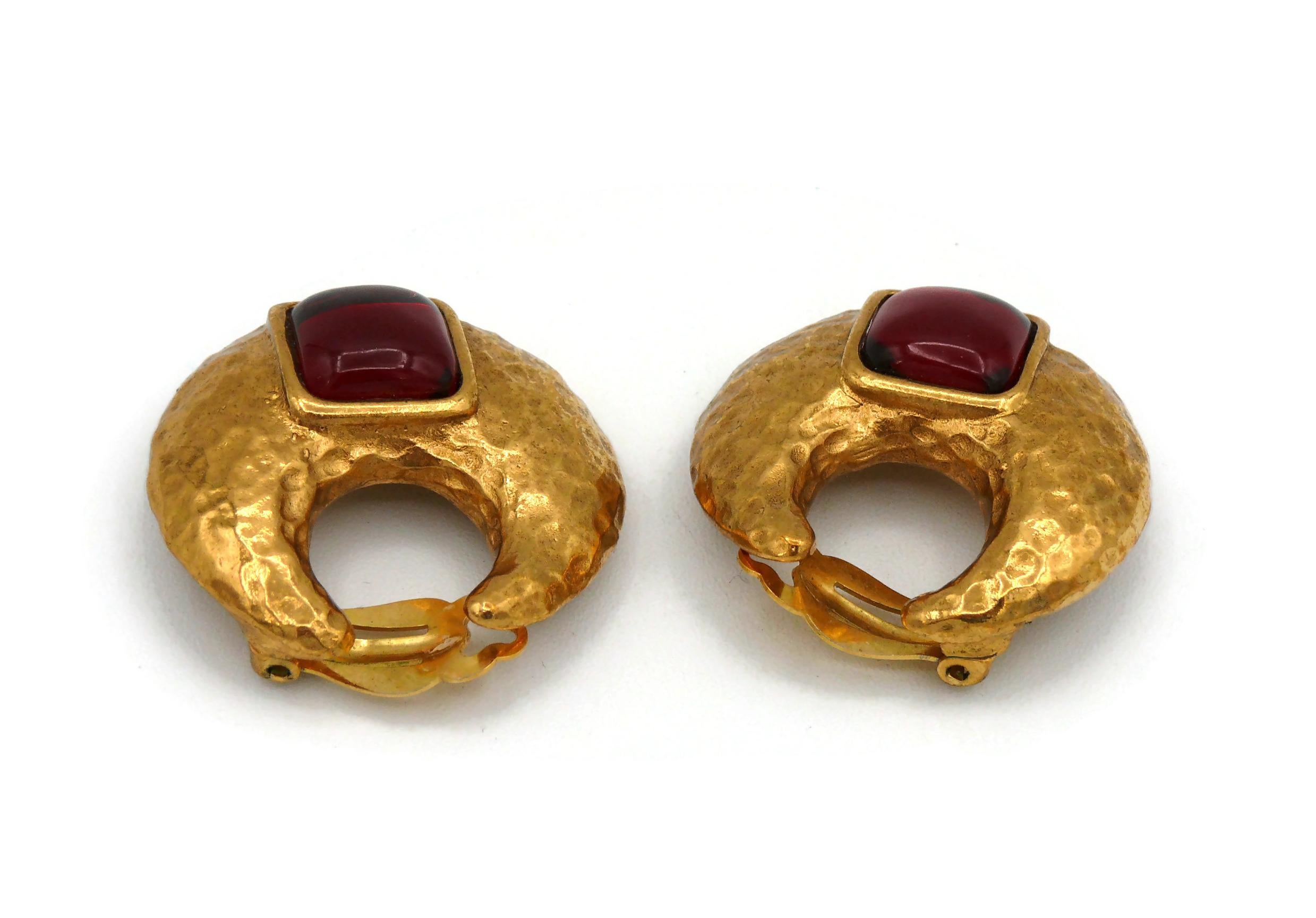 Women's YVES SAINT LAURENT YSL Vintage Gold Tone Crescent Red Resin Clip-On Earrings For Sale