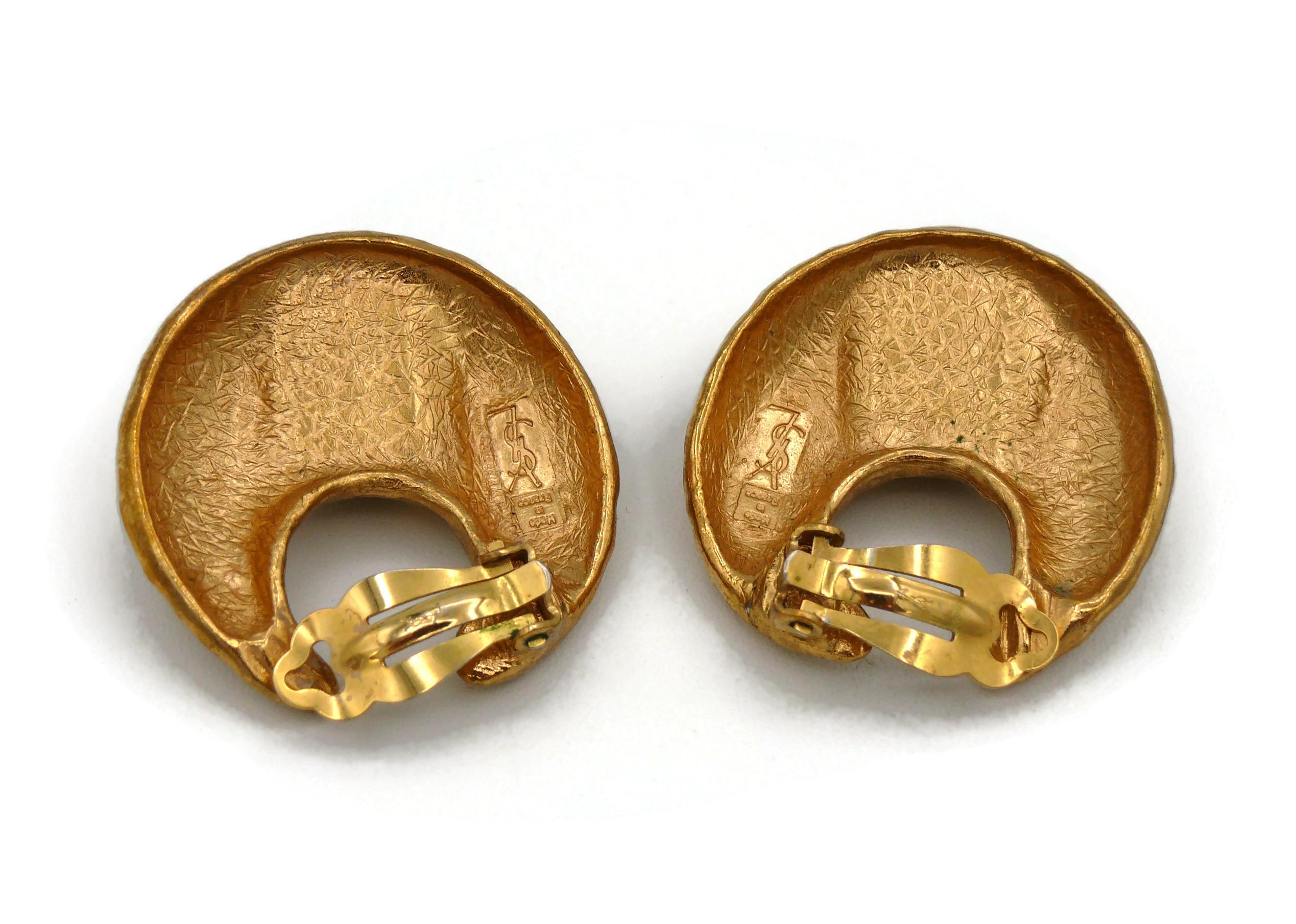 YVES SAINT LAURENT YSL Vintage Gold Tone Crescent Red Resin Clip-On Earrings For Sale 1