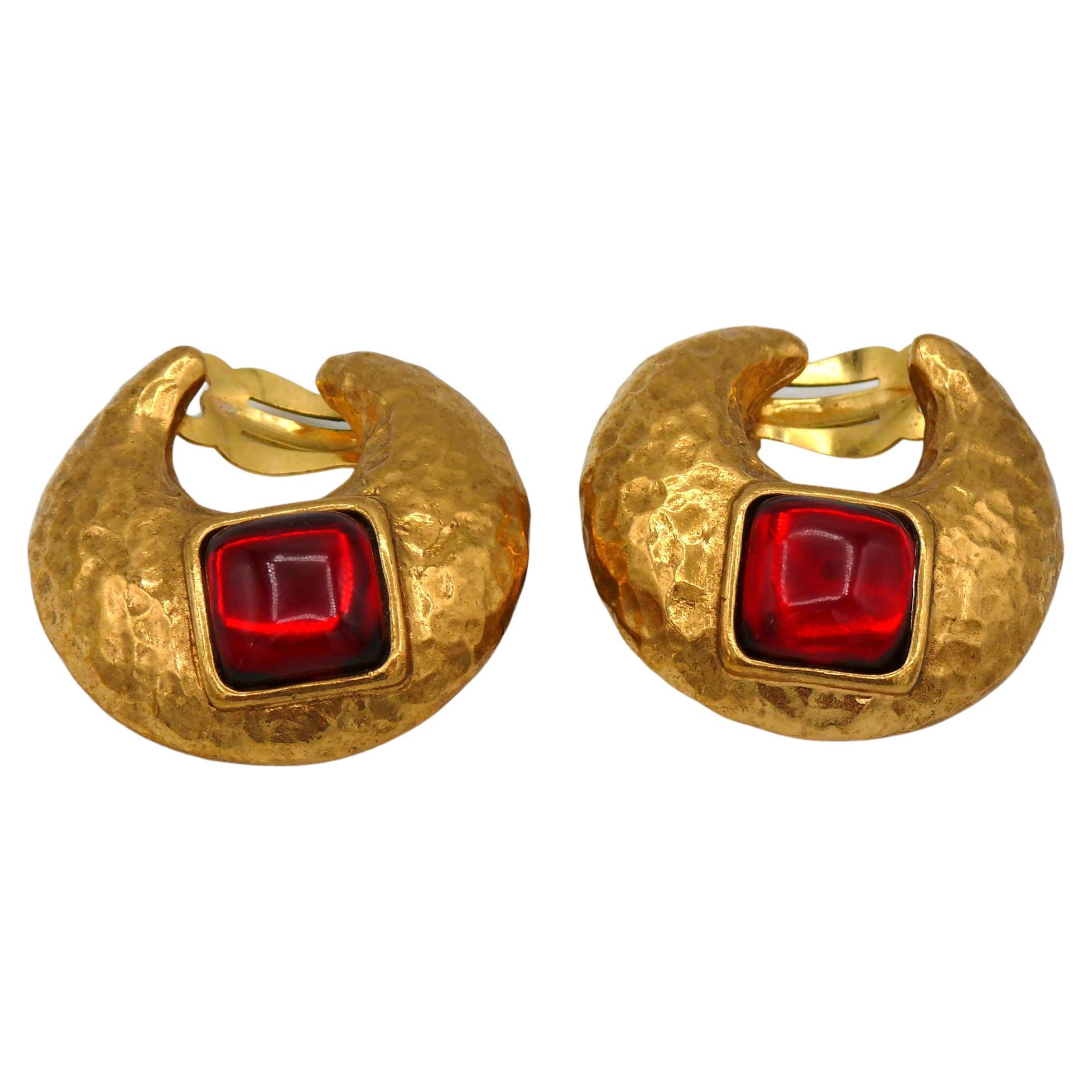 YVES SAINT LAURENT YSL Vintage Gold Tone Crescent Red Resin Clip-On Earrings