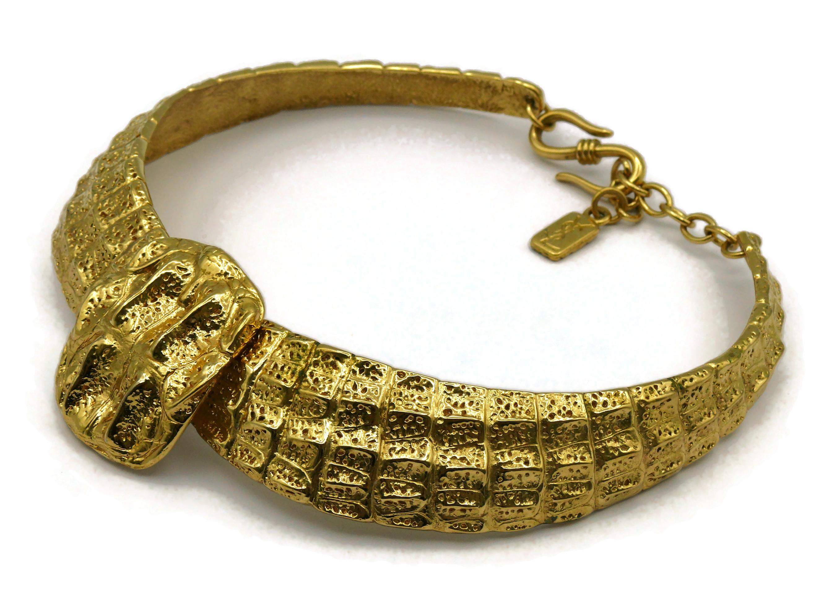 YVES SAINT LAURENT YSL Vintage Gold Tone Croc Choker Necklace & Earrings Set 1