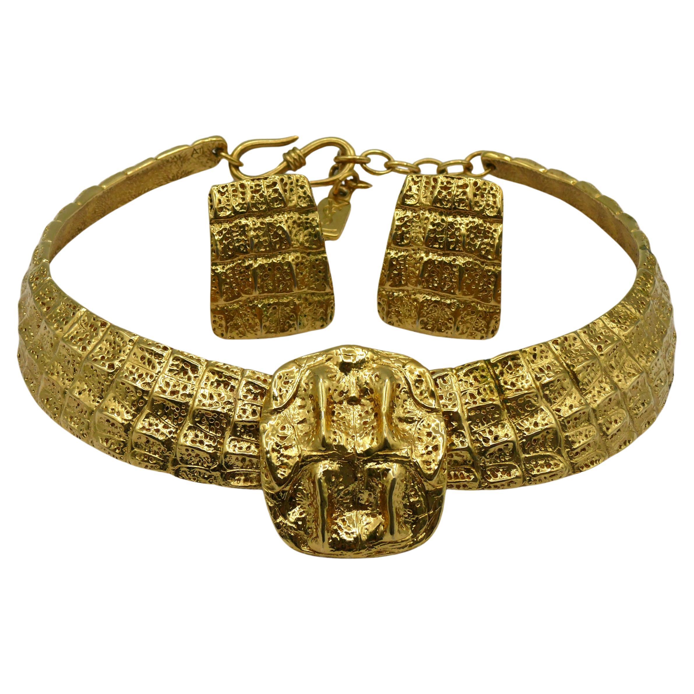 YVES SAINT LAURENT YSL Vintage Gold Tone Croc Choker Necklace & Earrings Set