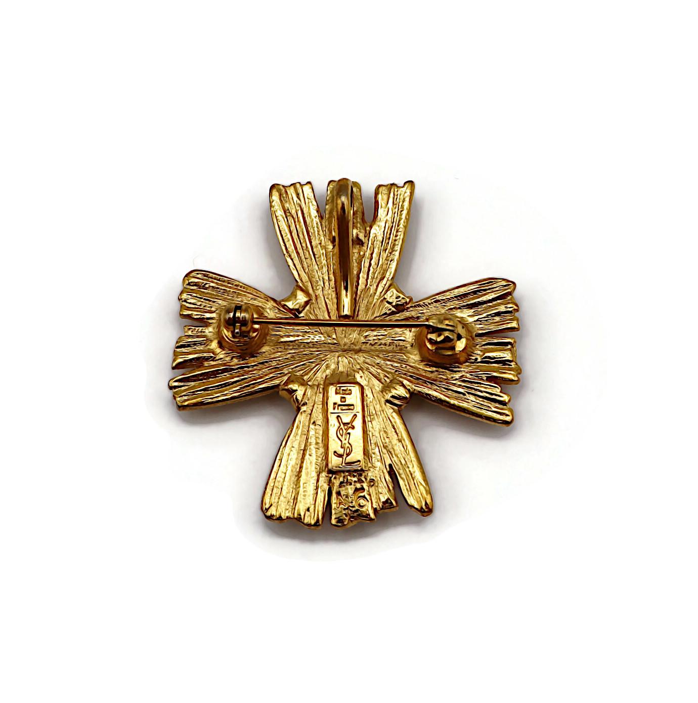 YVES SAINT LAURENT YSL Vintage Gold Tone Cross Brooch Pendant For Sale 2