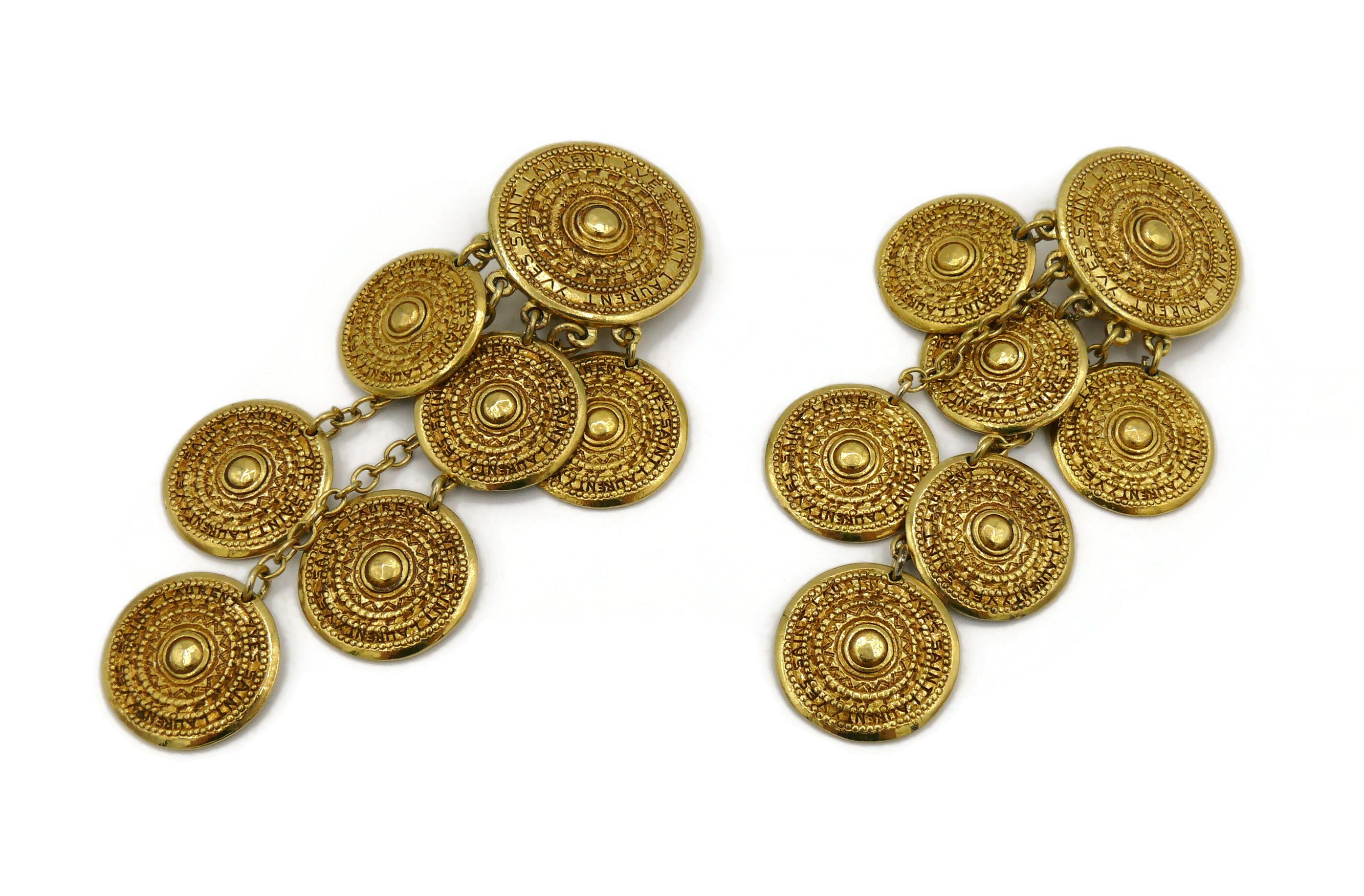 Women's YVES SAINT LAURENT YSL Vintage Gold Tone Ethnic Aztec Pattern Dangle Earrings For Sale