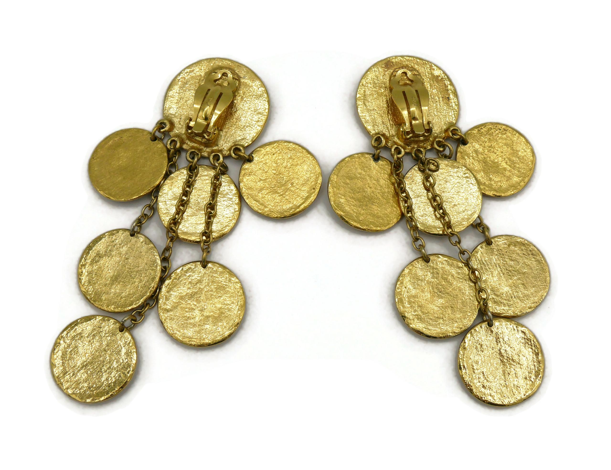 YVES SAINT LAURENT YSL Vintage Gold Tone Ethnic Aztec Pattern Dangle Earrings For Sale 2