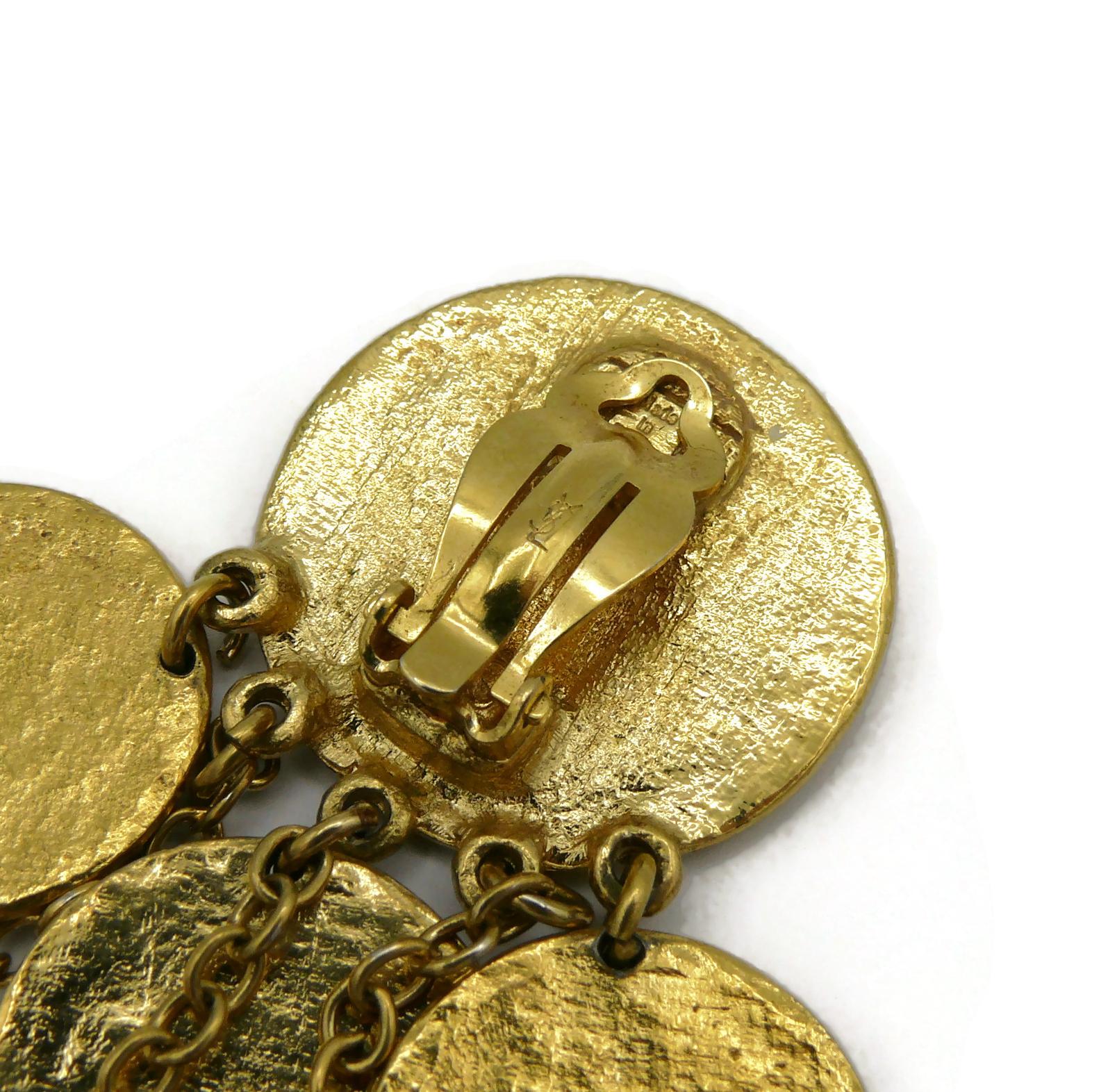 YVES SAINT LAURENT YSL Vintage Gold Tone Ethnic Aztec Pattern Dangle Earrings For Sale 3