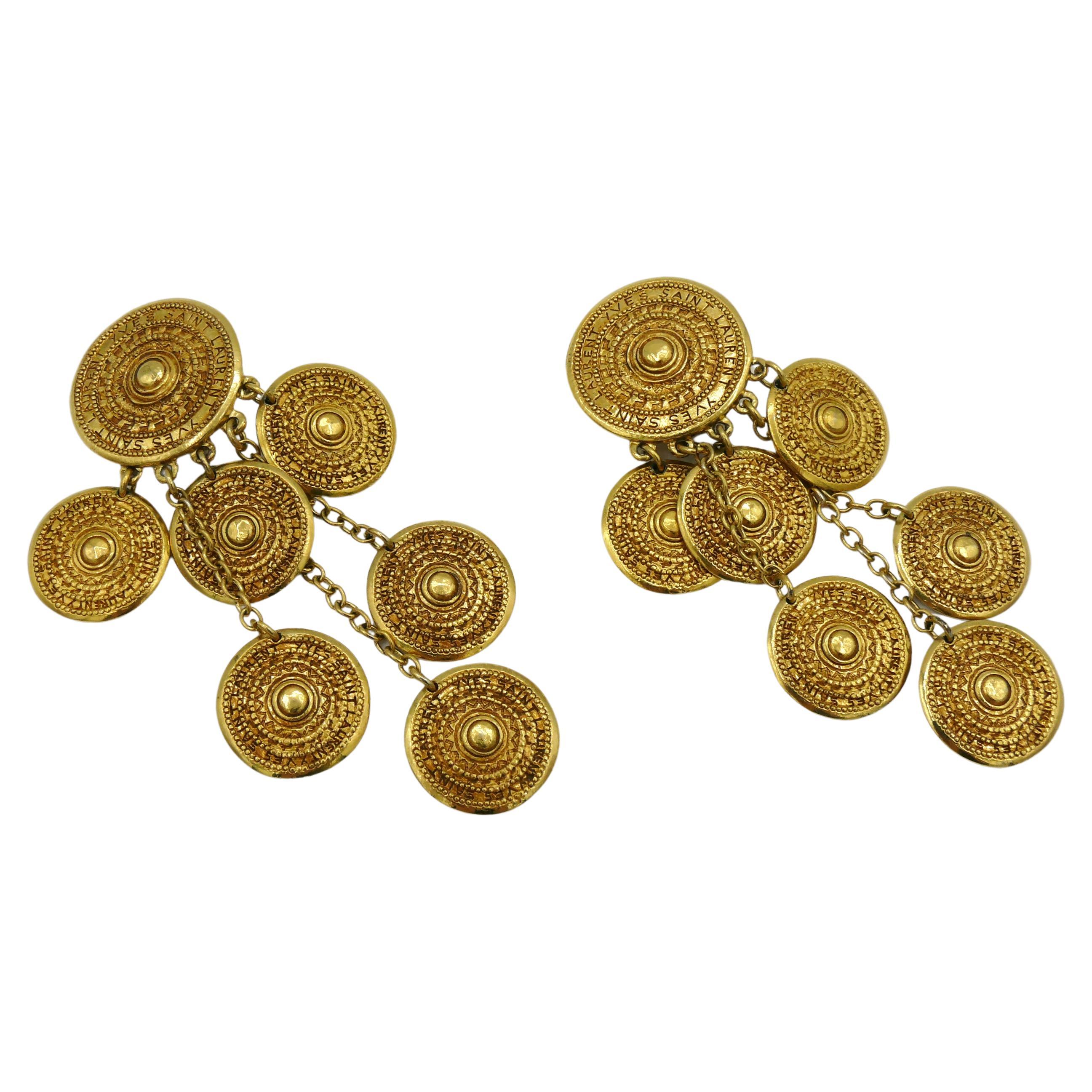 YVES SAINT LAURENT YSL Vintage Gold Tone Ethnic Aztec Pattern Dangle Earrings For Sale