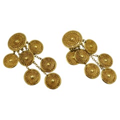 YVES SAINT LAURENT YSL Vintage Gold Tone Ethnic Aztec Pattern Dangle Earrings