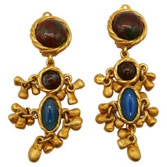YVES SAINT LAURENT YSL Vintage Gold Tone Faux Stones Dangling Earrings
