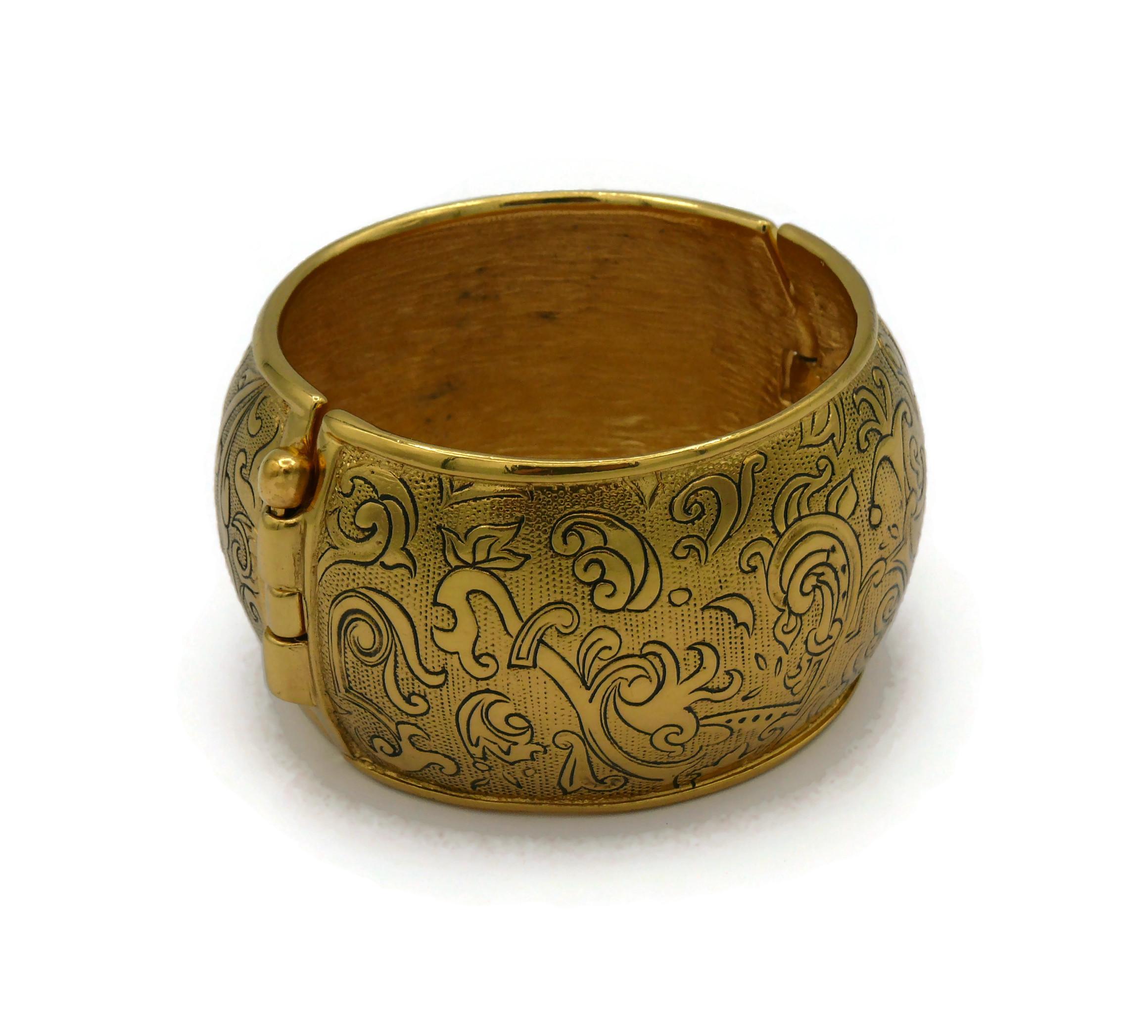 Women's YVES SAINT LAURENT YSL Vintage Gold Tone Floral Arabesques Cuff Bracelet For Sale