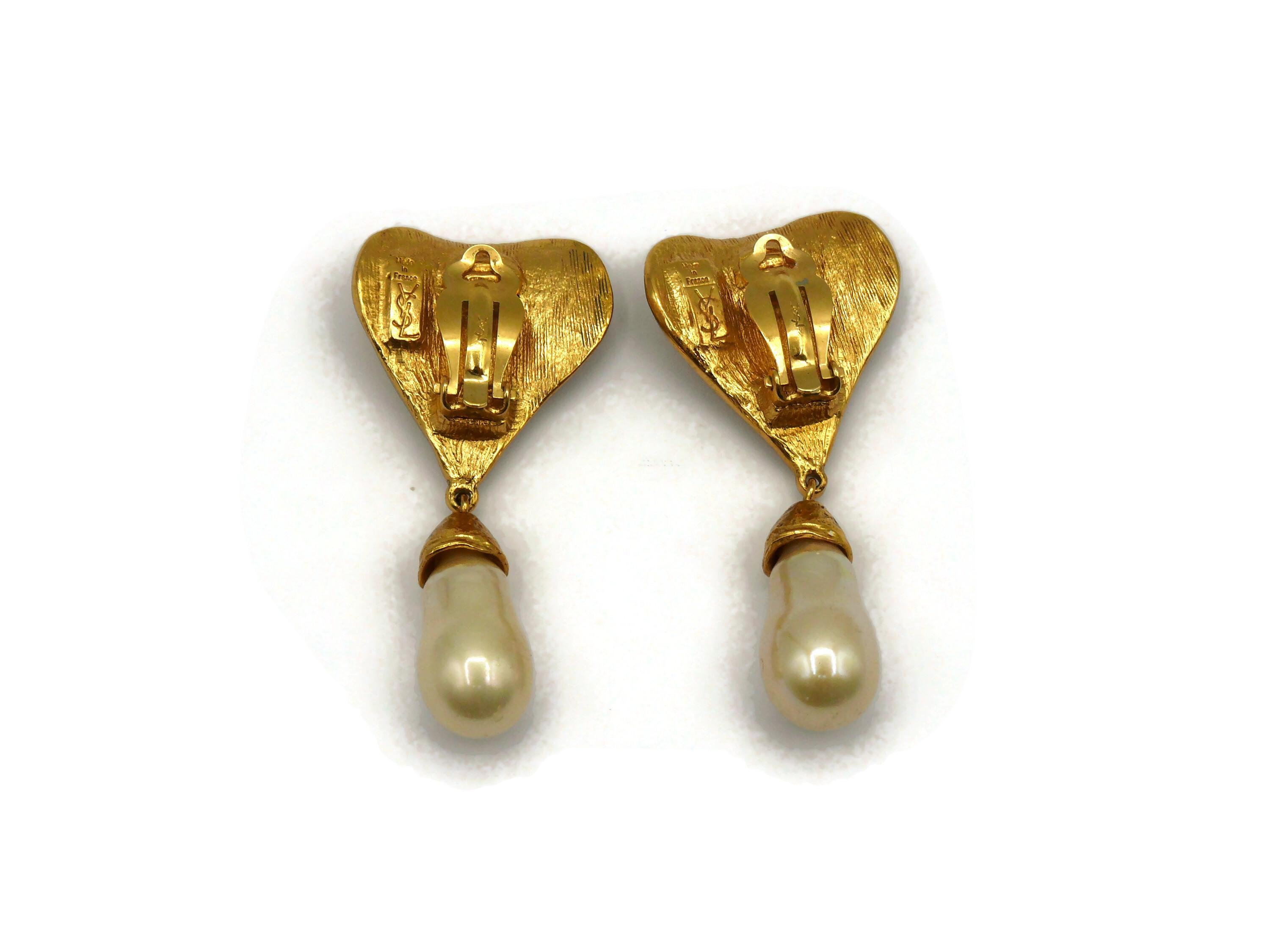 Women's YVES SAINT LAURENT YSL Vintage Gold Tone Heart and Pearl Dangling Earrings