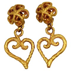 YVES SAINT LAURENT YSL Vintage Gold Tone Heart Dangling Earrings