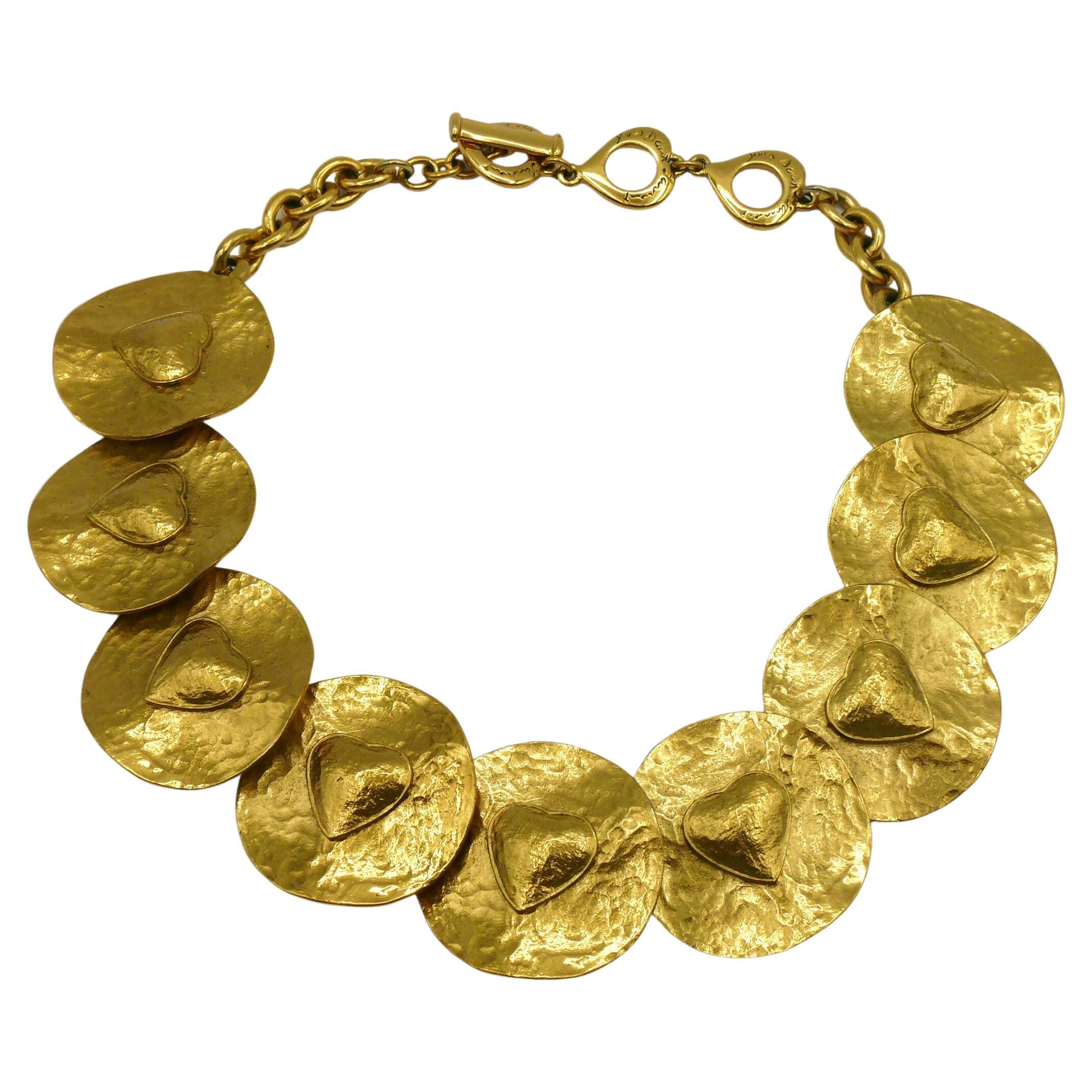 YVES SAINT LAURENT YSL Vintage Gold Tone Heart Disc Necklace