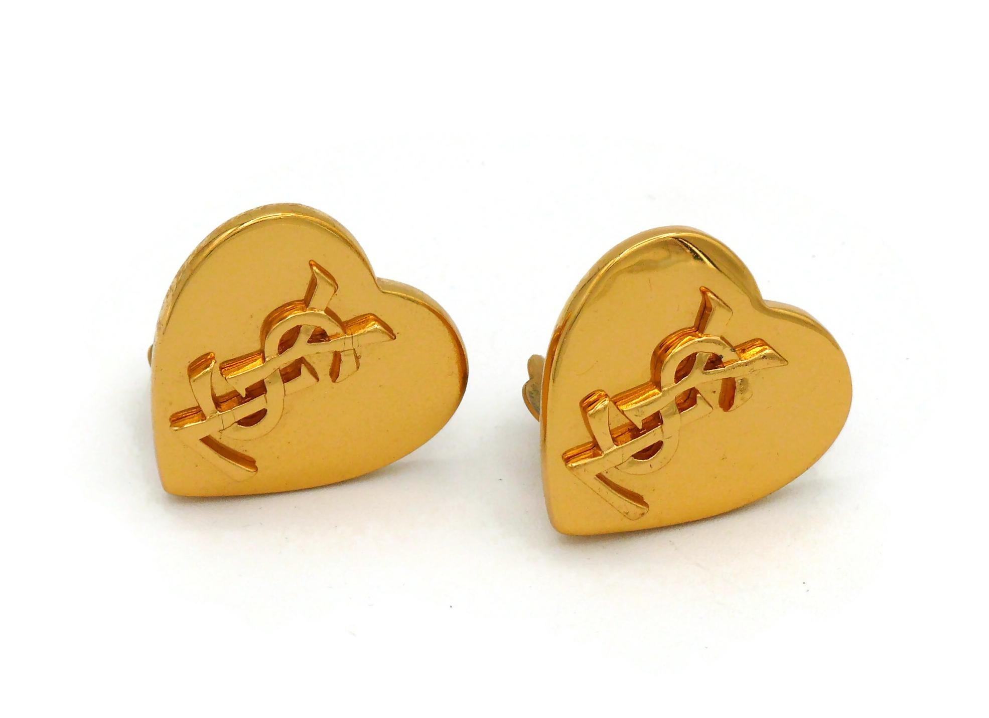 Women's or Men's YVES SAINT LAURENT YSL Vintage Gold Tone Heart Logo Clip-On Earrings