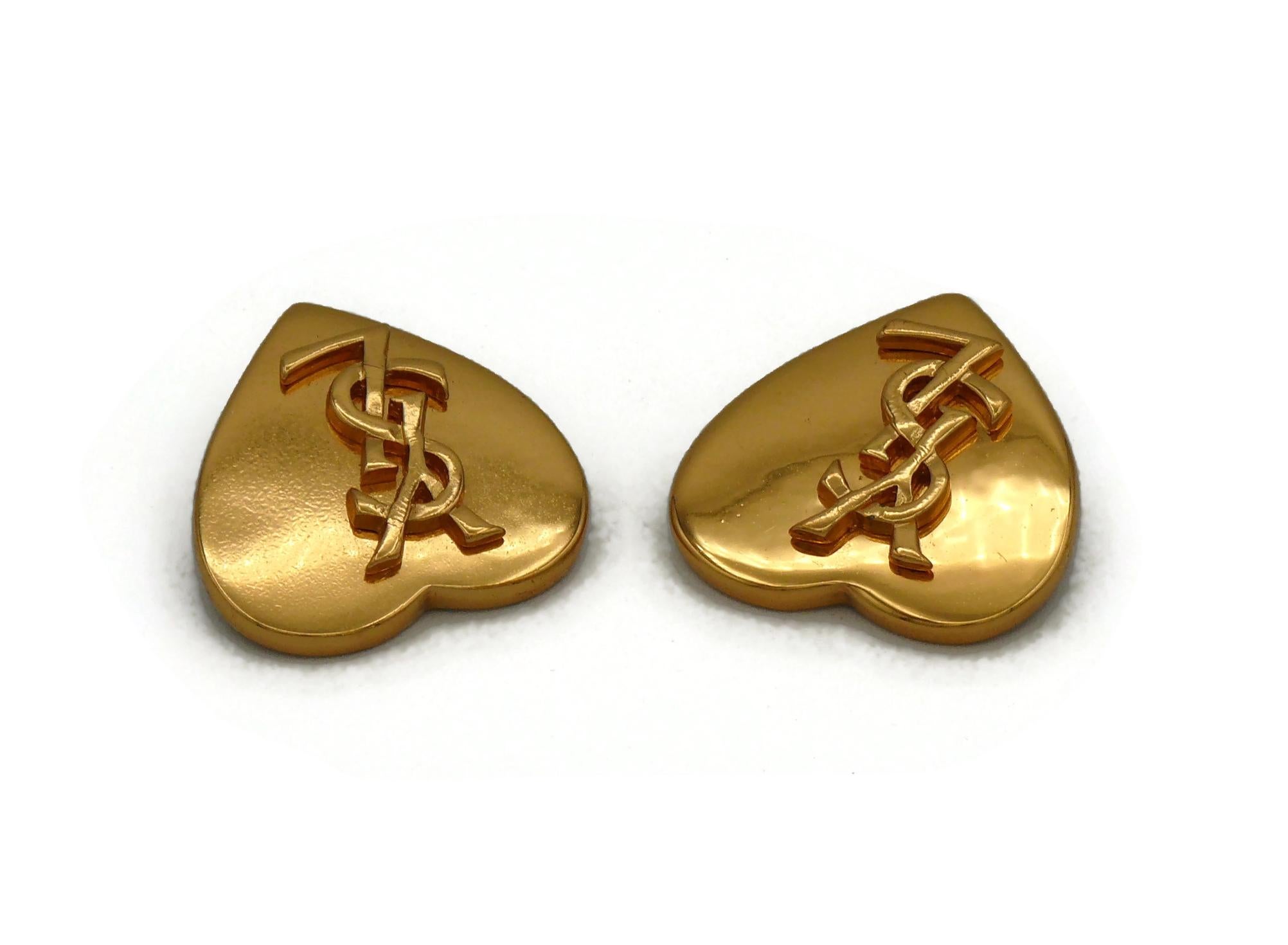YVES SAINT LAURENT YSL Vintage Gold Tone Heart Logo Clip-On Earrings 1