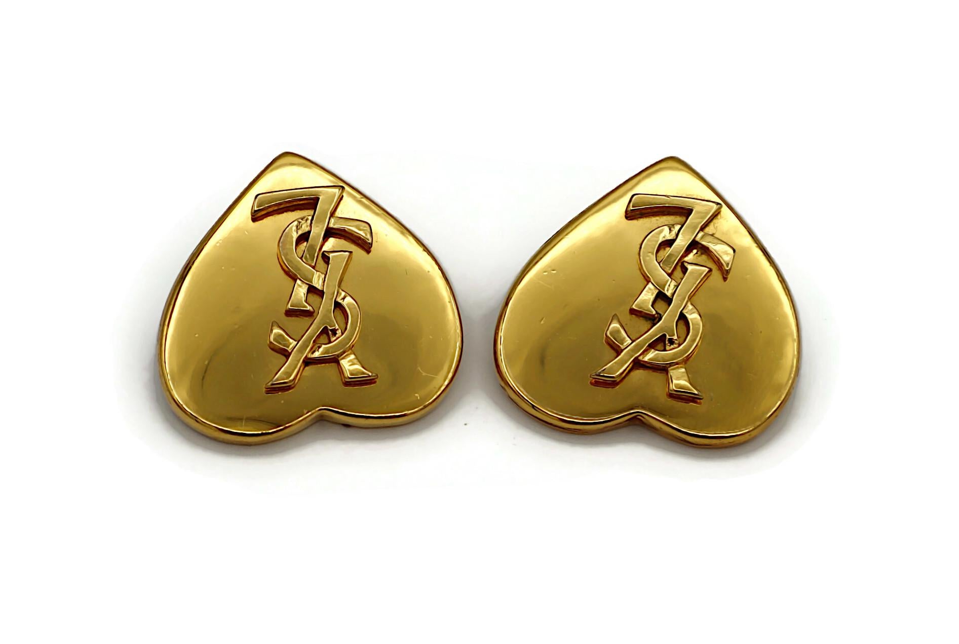 Women's YVES SAINT LAURENT YSL Vintage Gold Tone Heart Logo Clip-On Earrings For Sale