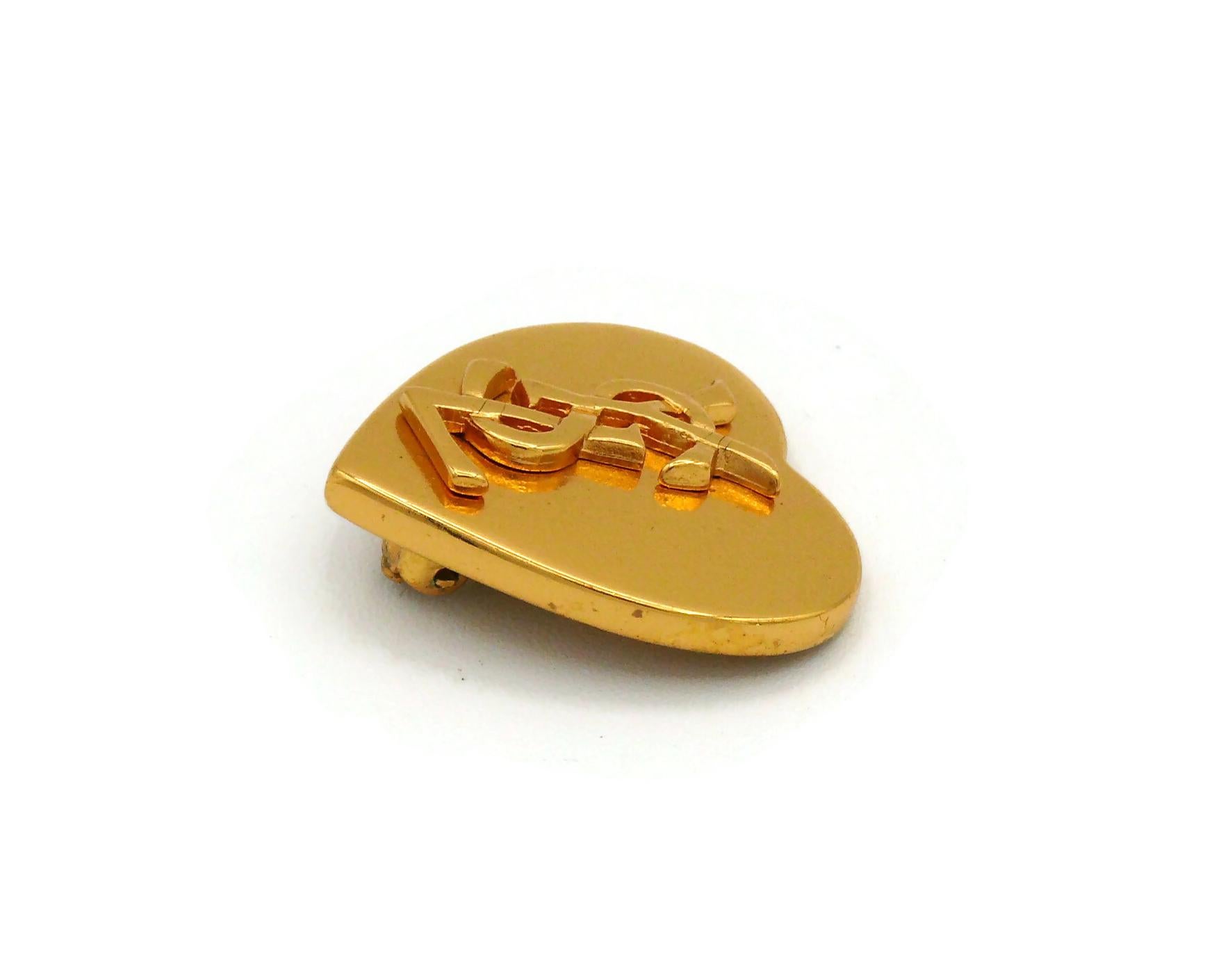YVES SAINT LAURENT YSL Vintage Gold Tone Heart Logo Clip-On Earrings 2