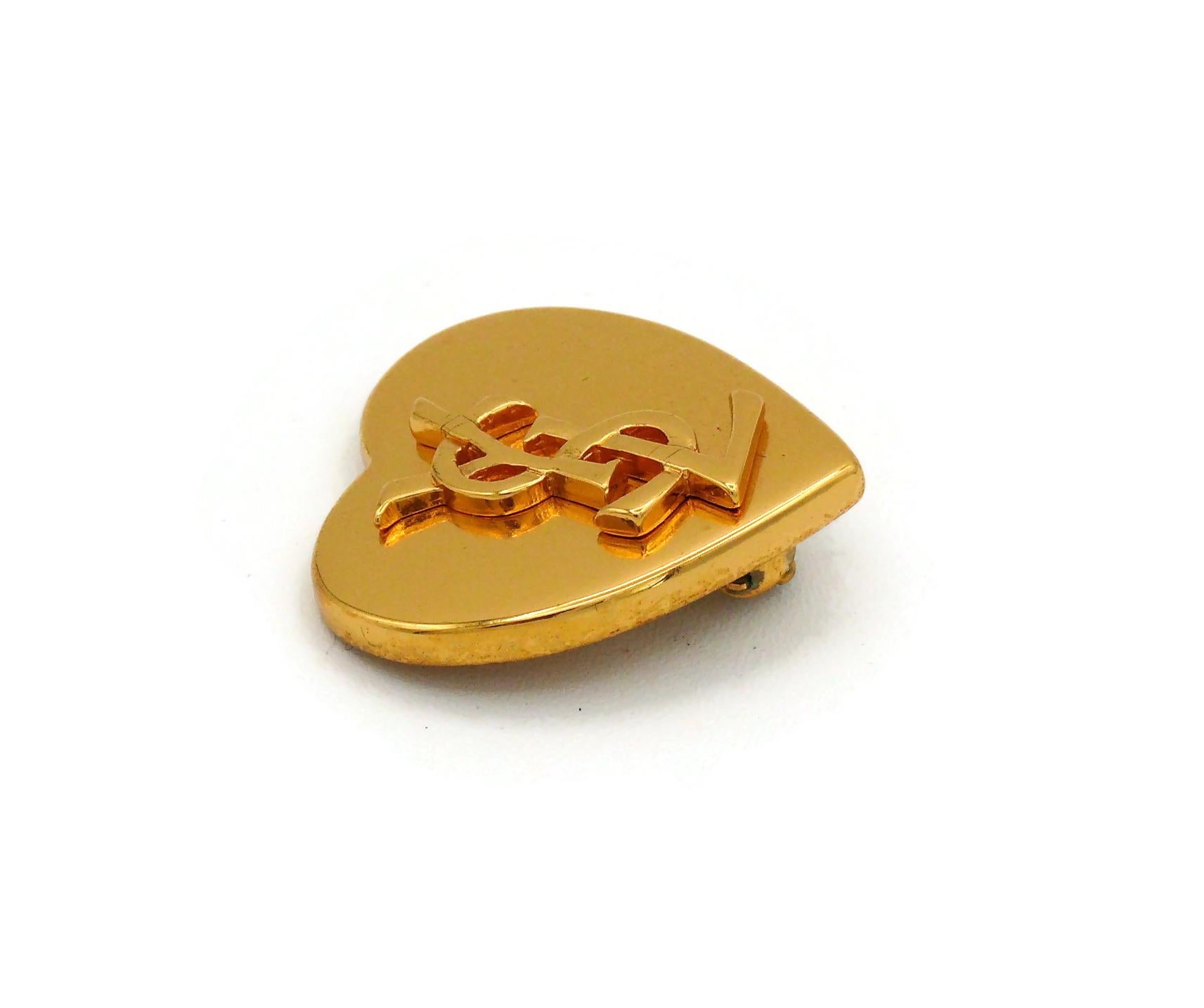 YVES SAINT LAURENT YSL Vintage Gold Tone Heart Logo Clip-On Earrings 3