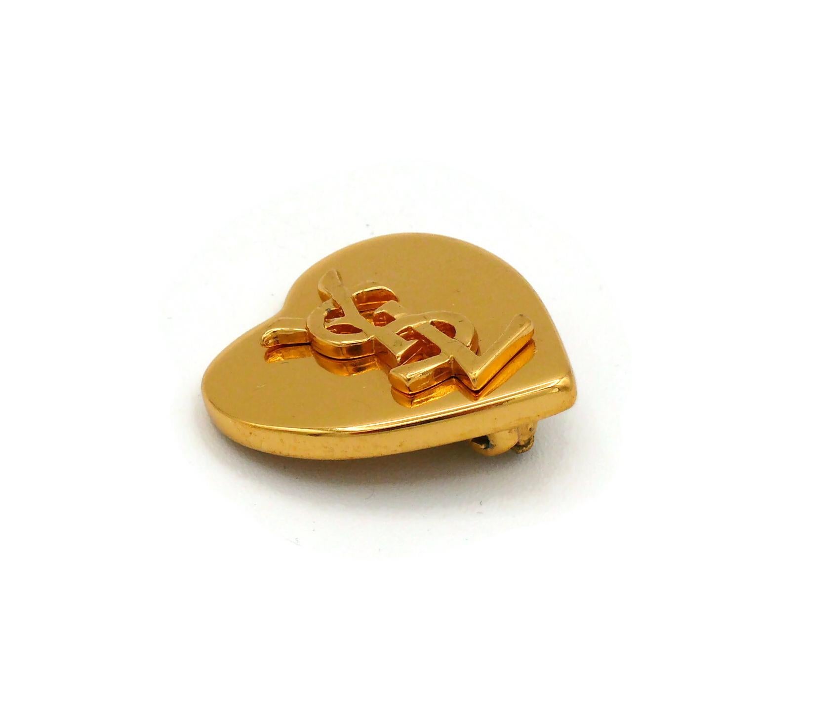 YVES SAINT LAURENT YSL Vintage Gold Tone Heart Logo Clip-On Earrings 4