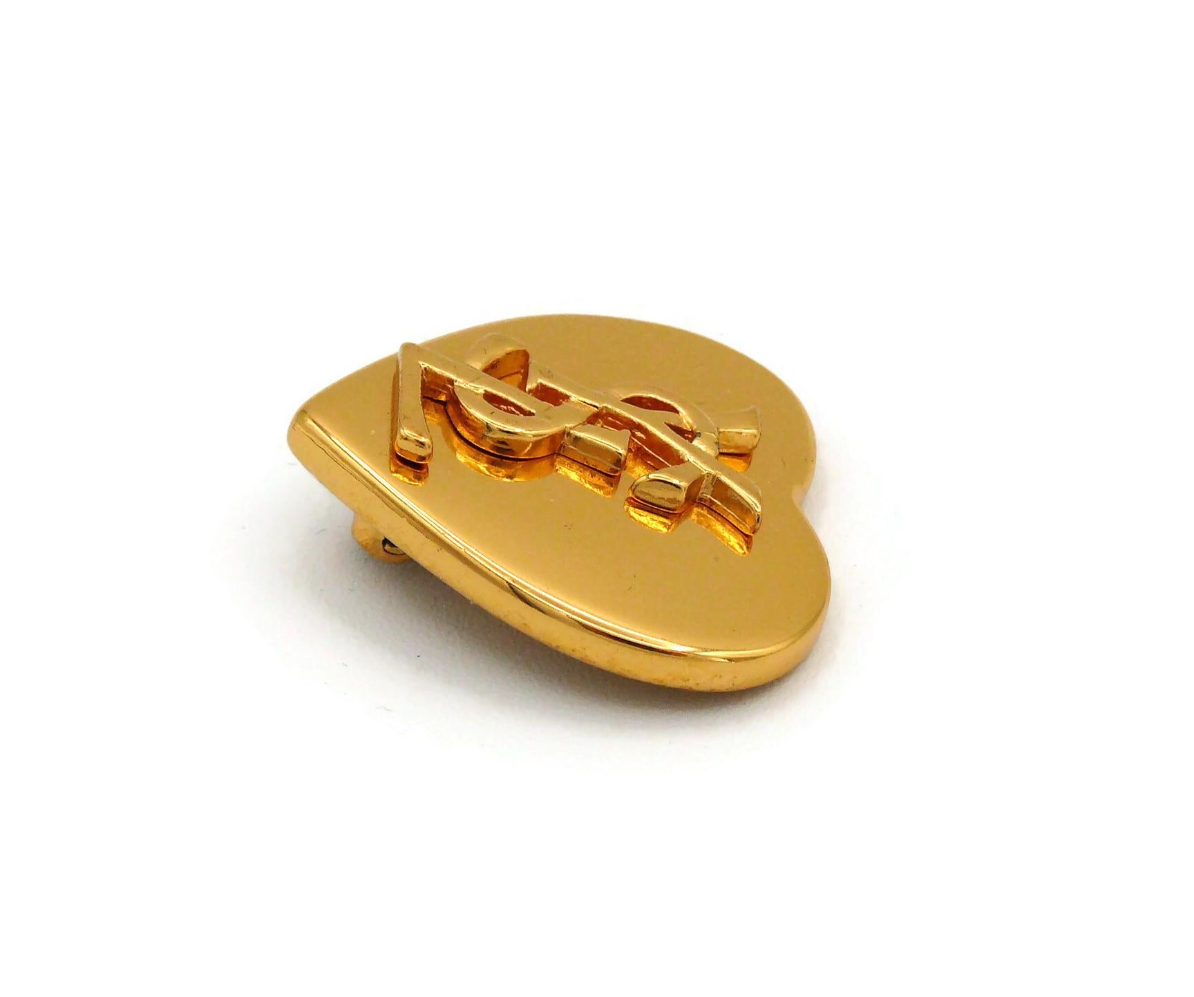 YVES SAINT LAURENT YSL Vintage Gold Tone Heart Logo Clip-On Earrings 5