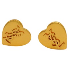 YVES SAINT LAURENT YSL Vintage Gold Tone Heart Logo Clip-On Earrings