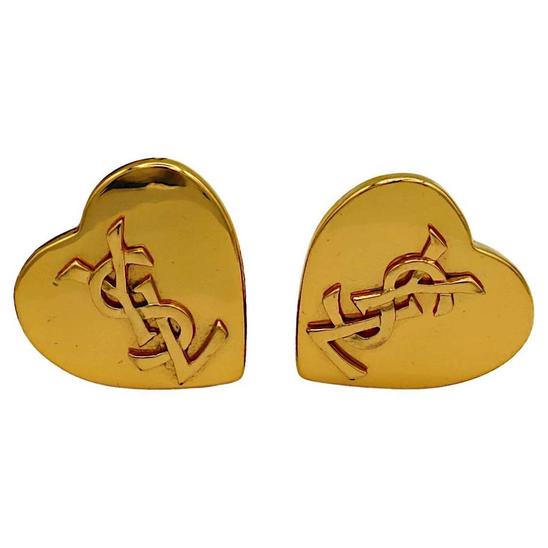 YVES SAINT LAURENT YSL Vintage Gold Tone Heart Logo Clip-On