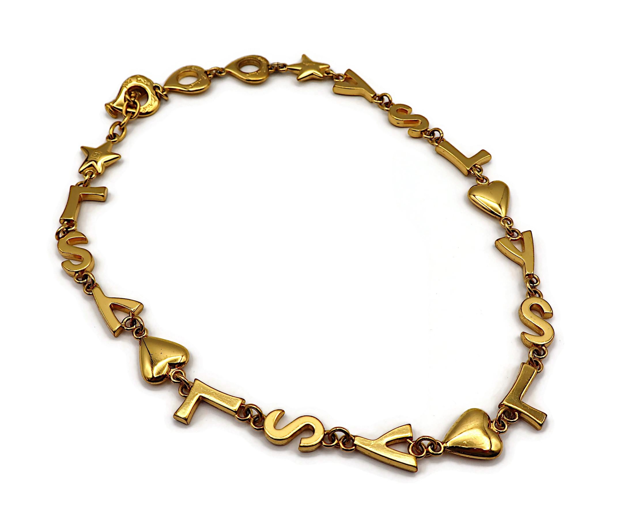 YVES SAINT LAURENT YSL Vintage Gold Tone Iconic Initials Hearts Stars Necklace In Good Condition For Sale In Nice, FR