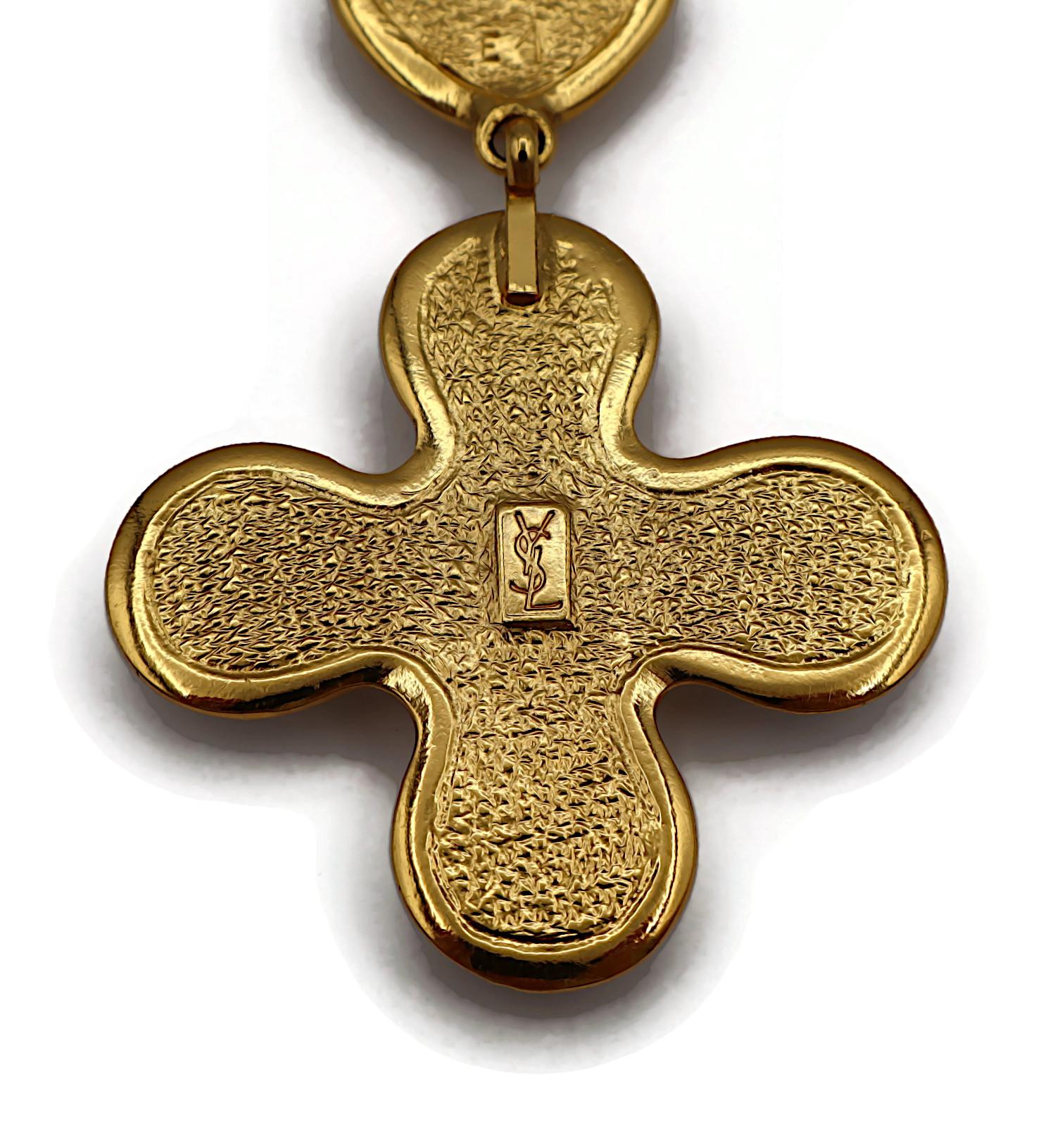 YVES SAINT LAURENT YSL Vintage Gold Tone Jewelled Cross Pendant Necklace 7