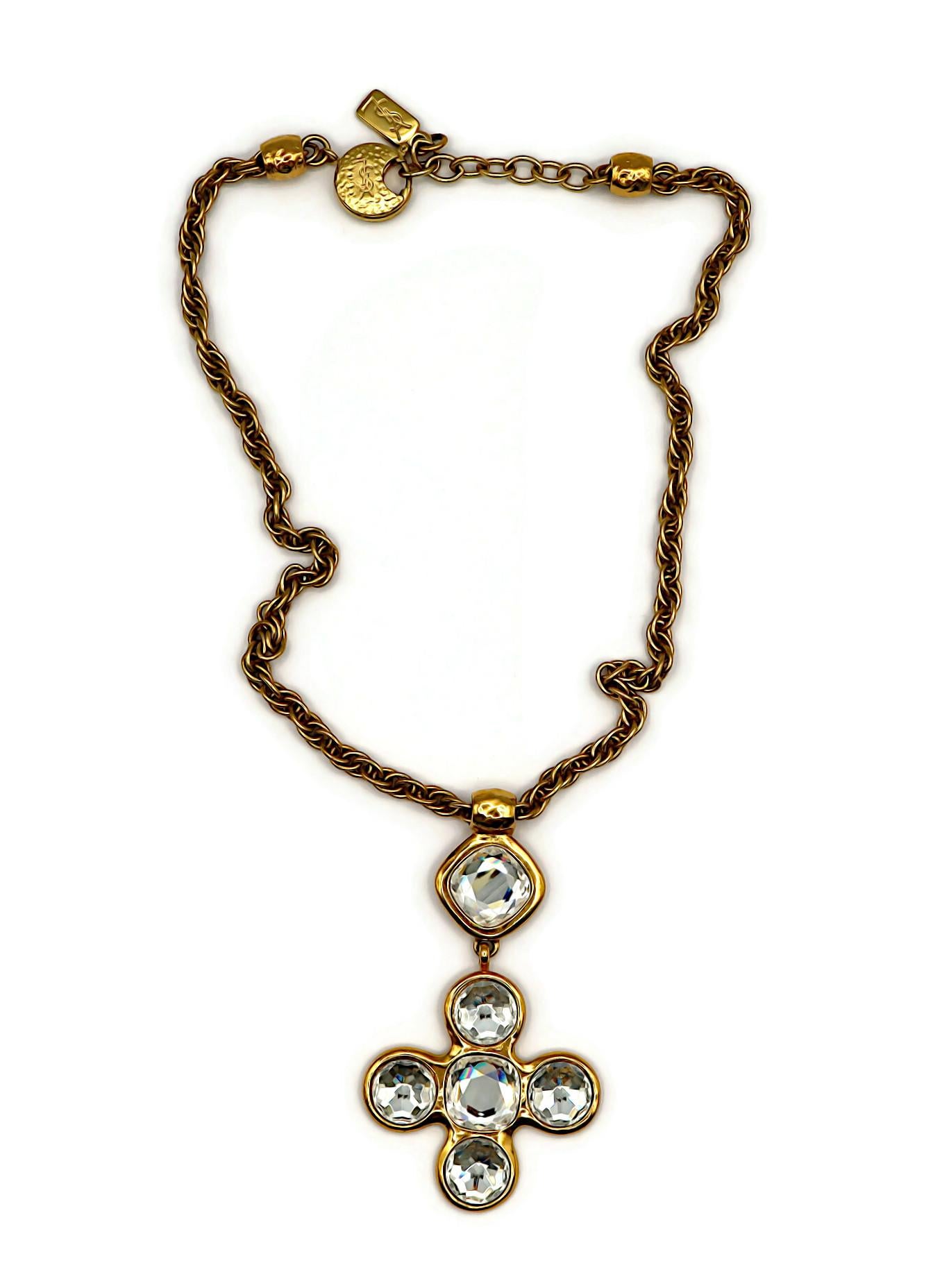 YVES SAINT LAURENT YSL Vintage Gold Tone Jewelled Cross Pendant Necklace 1