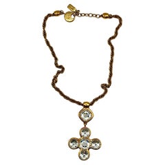 YVES SAINT LAURENT YSL Vintage Gold Tone Jewelled Cross Pendant Necklace