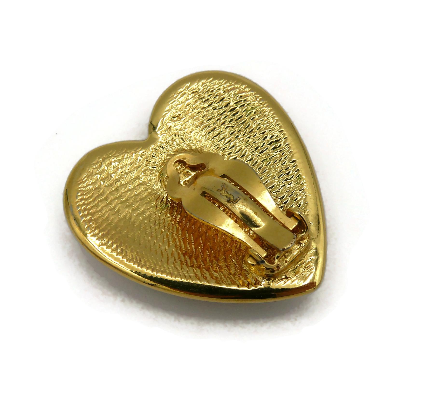 YVES SAINT LAURENT YSL Vintage Gold Tone Jewelled Heart Clip-On Earrings For Sale 4
