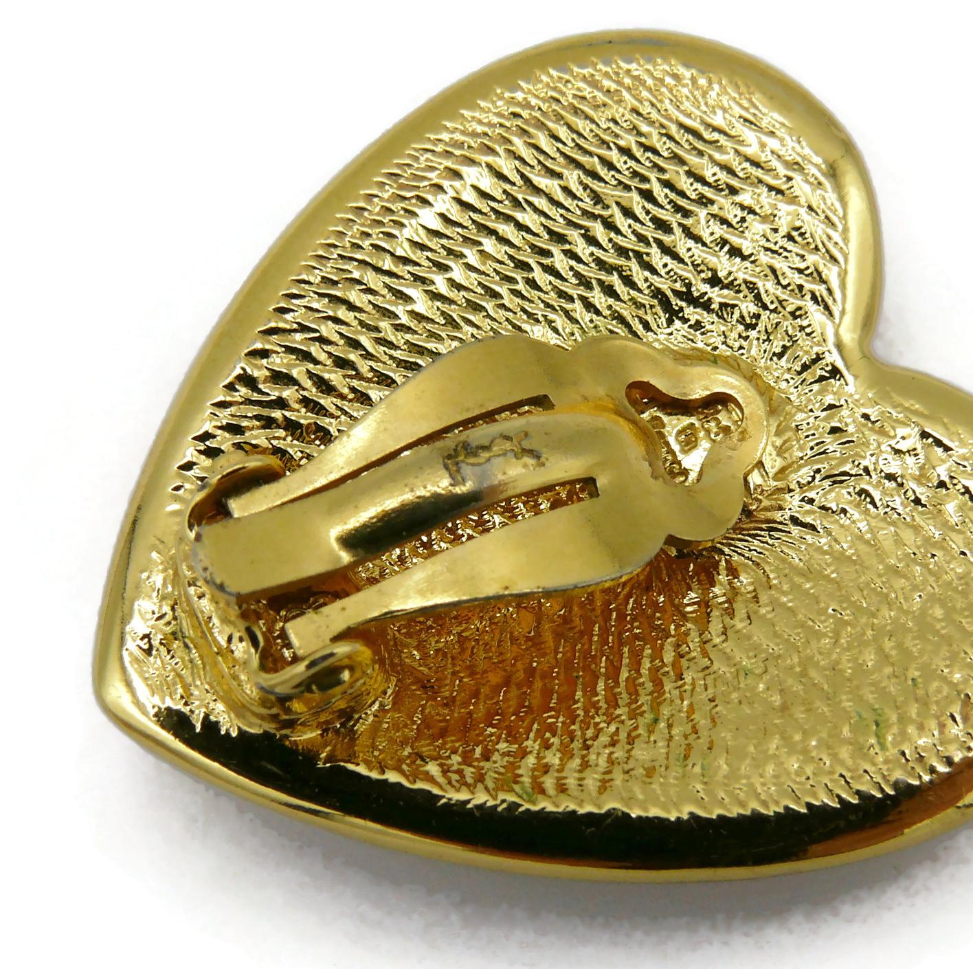 YVES SAINT LAURENT YSL Vintage Gold Tone Jewelled Heart Clip-On Earrings For Sale 6