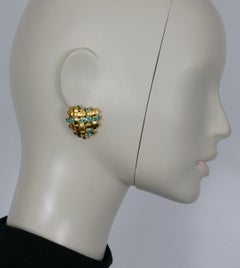 YVES SAINT LAURENT YSL Vintage Gold Tone Jewelled Heart Clip-On Earrings