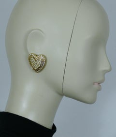 YVES SAINT LAURENT YSL Vintage Gold Tone Jewelled Heart Clip-On Earrings