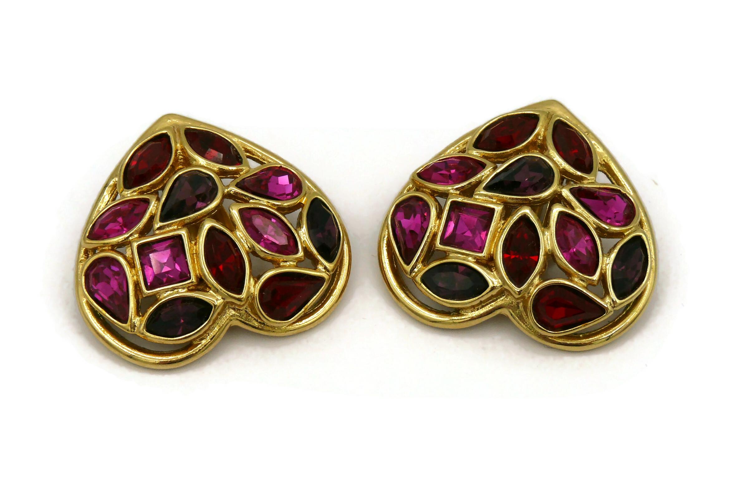 YVES SAINT LAURENT YSL Vintage Gold Tone Jewelled Heart Clip-On Earrings For Sale 1