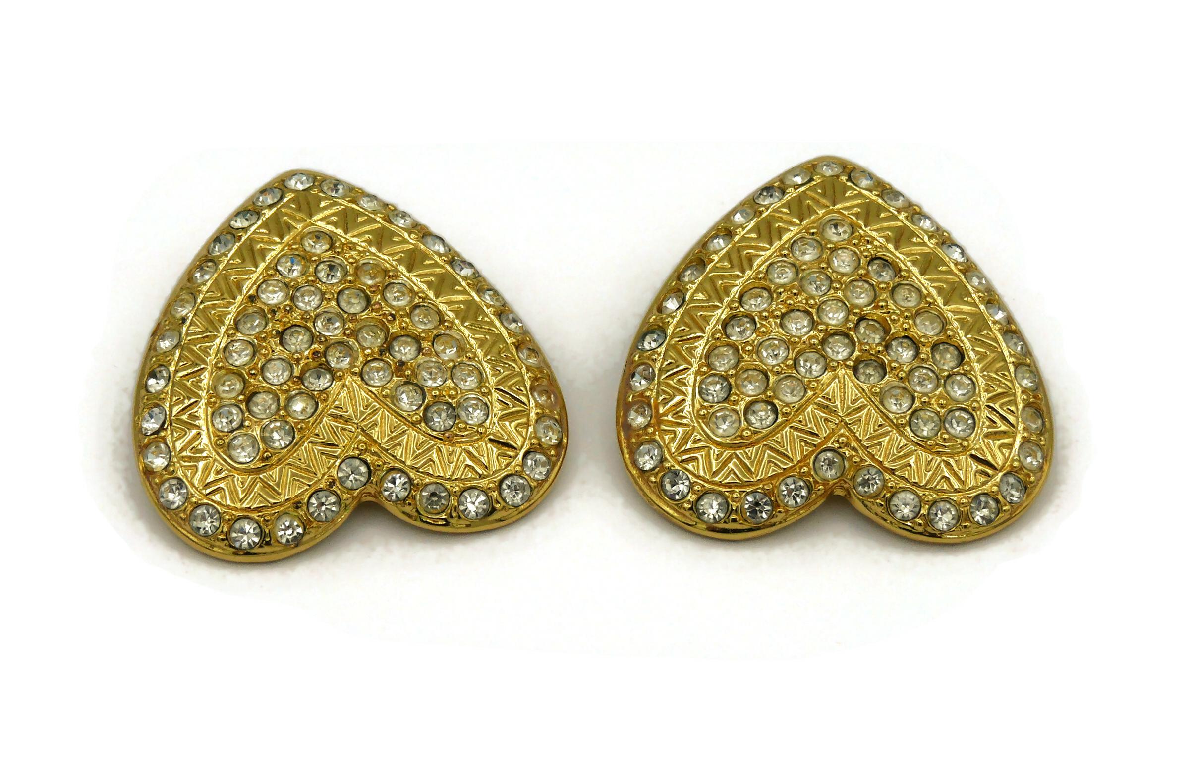 Women's YVES SAINT LAURENT YSL Vintage Gold Tone Jewelled Heart Clip-On Earrings For Sale