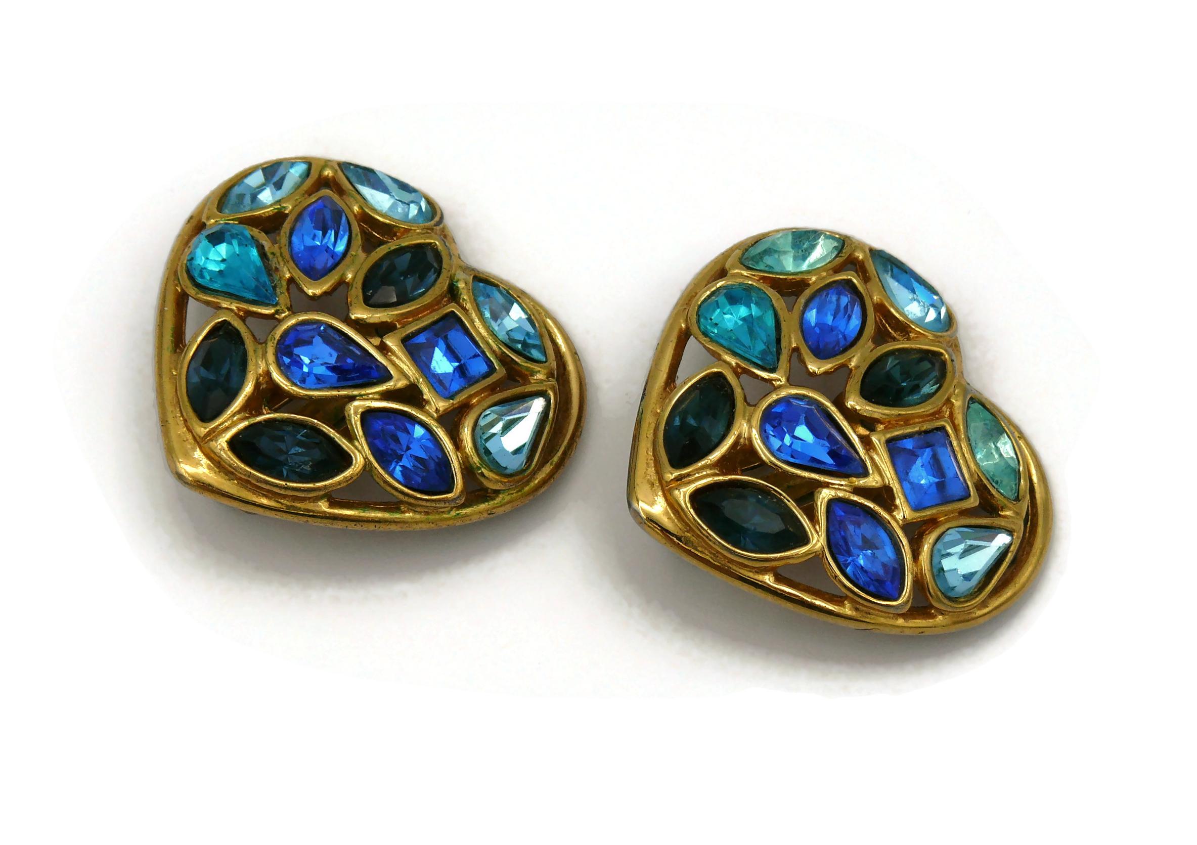 YVES SAINT LAURENT YSL Vintage Gold Tone Jewelled Heart Clip-On Earrings In Fair Condition For Sale In Nice, FR