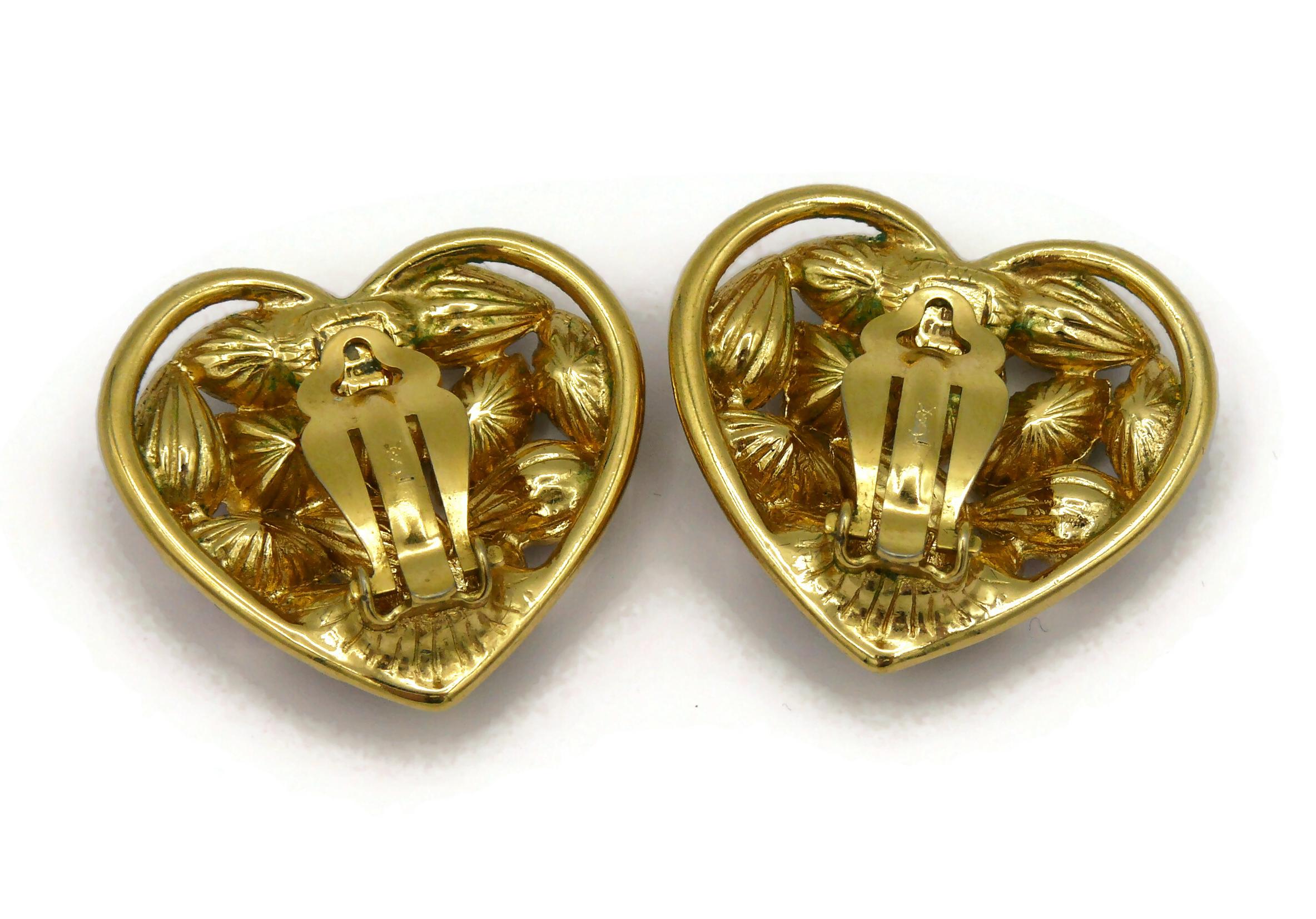 YVES SAINT LAURENT YSL Vintage Gold Tone Jewelled Heart Clip-On Earrings For Sale 2