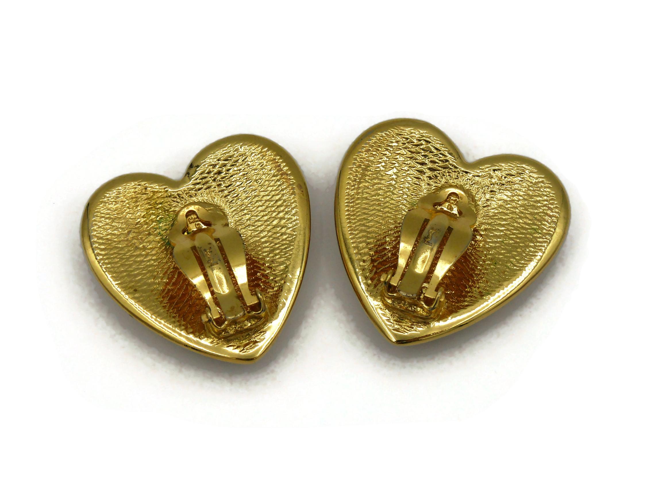 YVES SAINT LAURENT YSL Vintage Gold Tone Jewelled Heart Clip-On Earrings For Sale 1