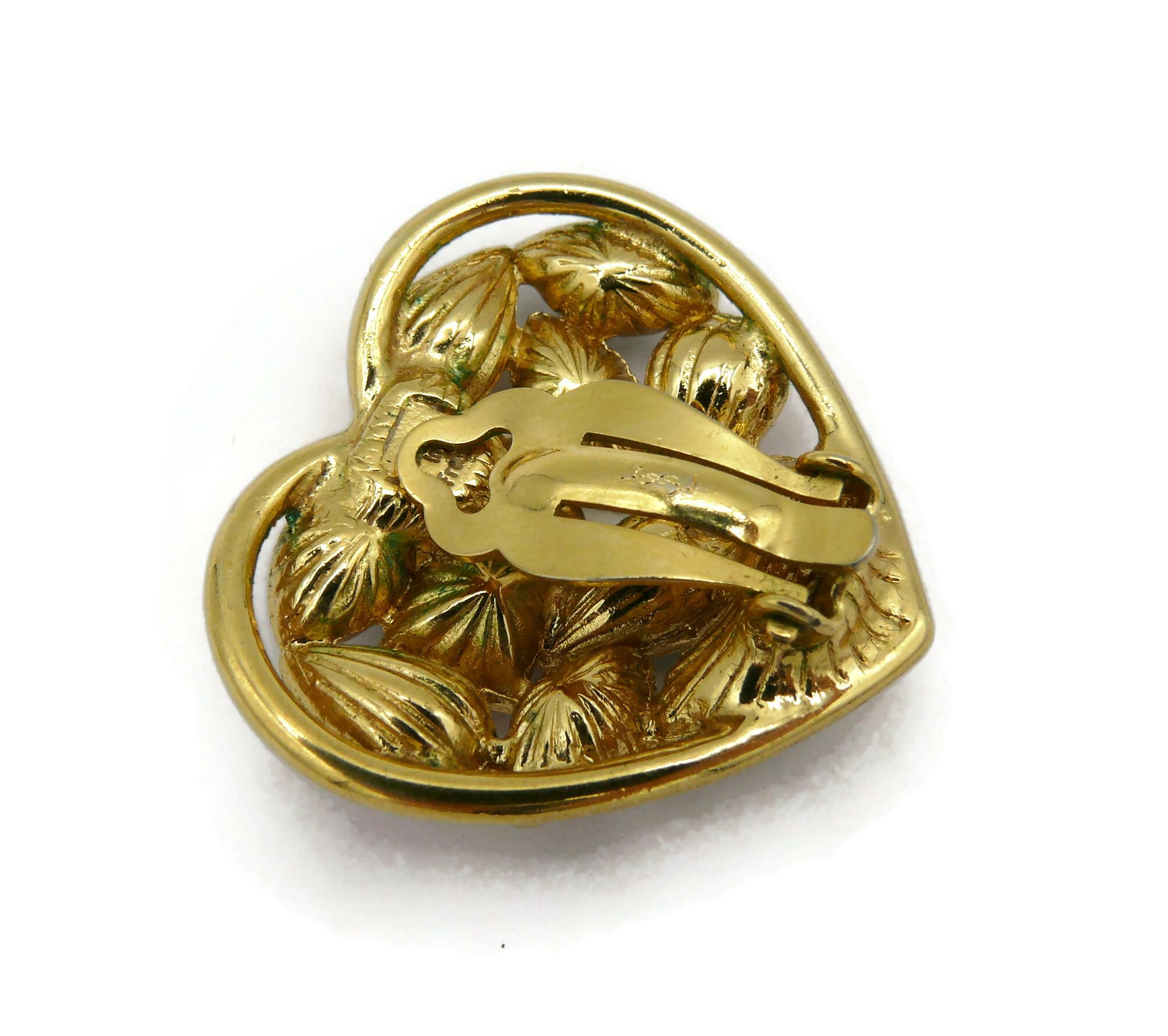 YVES SAINT LAURENT YSL Vintage Gold Tone Jewelled Heart Clip-On Earrings For Sale 4