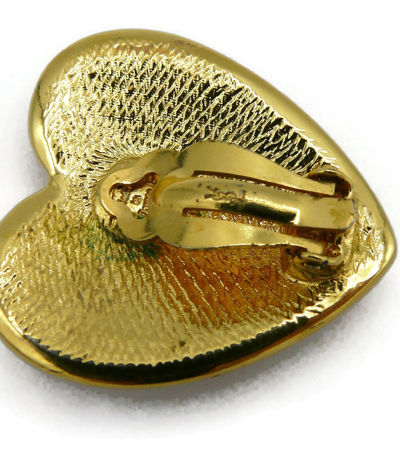 YVES SAINT LAURENT YSL Vintage Gold Tone Jewelled Heart Clip-On Earrings For Sale 2