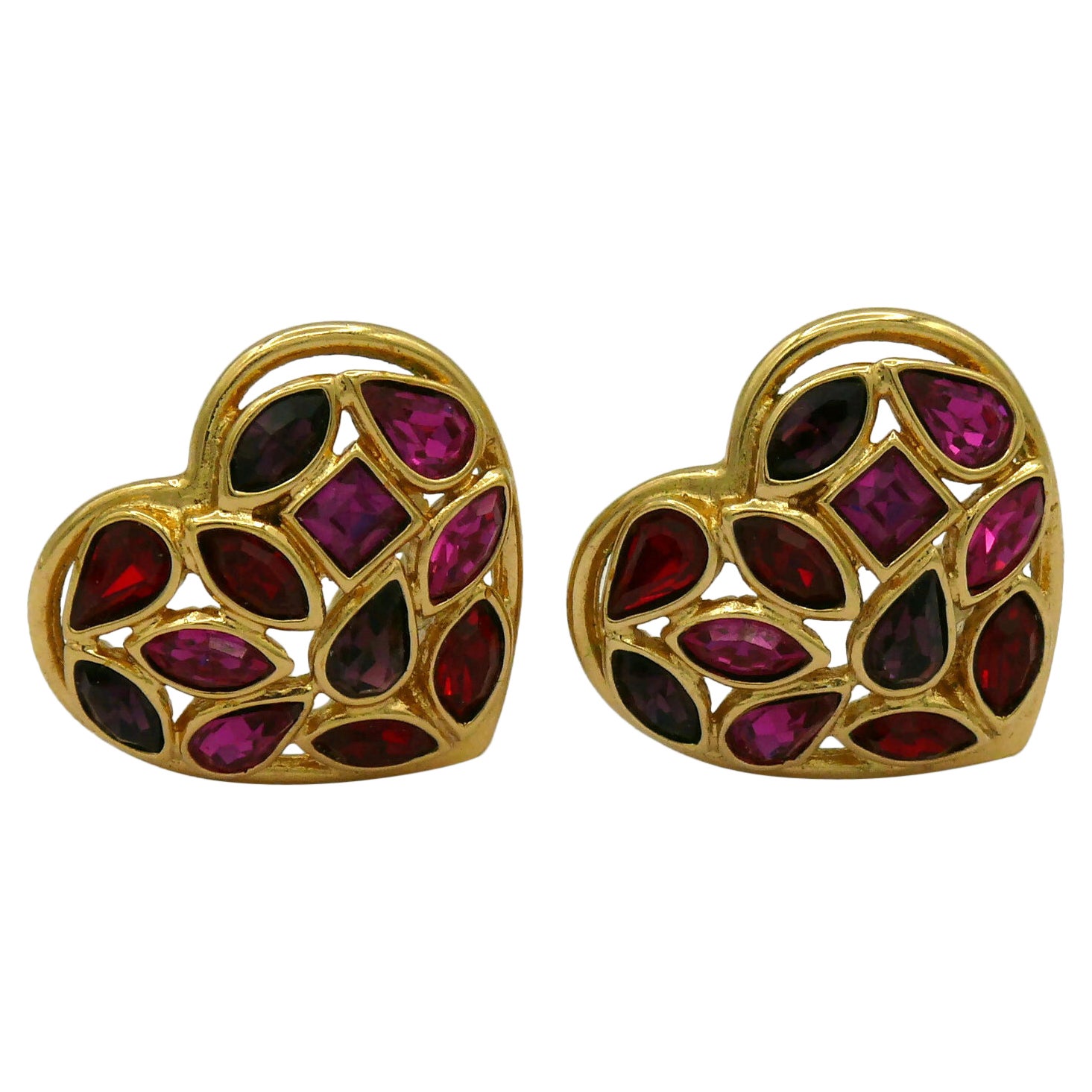 YVES SAINT LAURENT YSL Vintage Gold Tone Jewelled Heart Clip-On Earrings