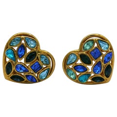 YVES SAINT LAURENT YSL Vintage Gold Tone Jewelled Heart Clip-On Earrings