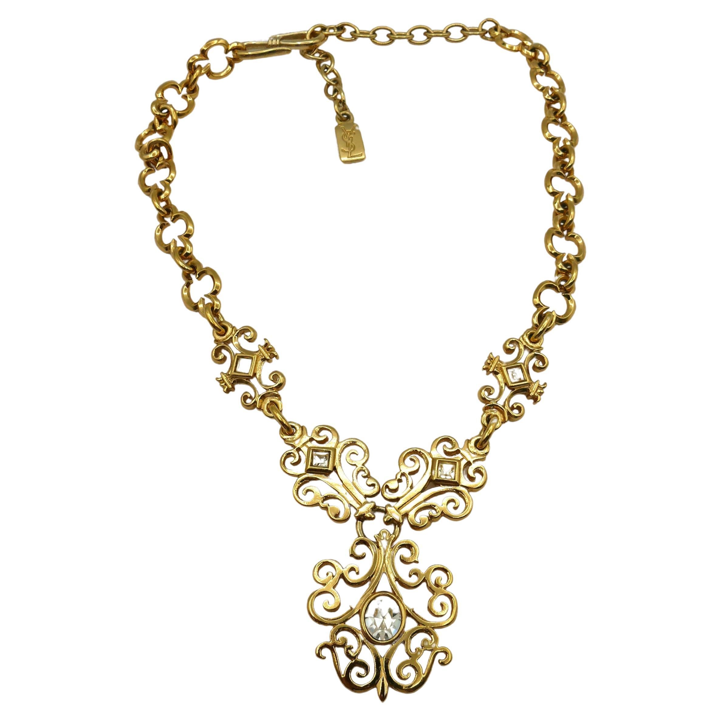 YVES SAINT LAURENT YSL Vintage Gold Tone Jewelled Necklace For Sale