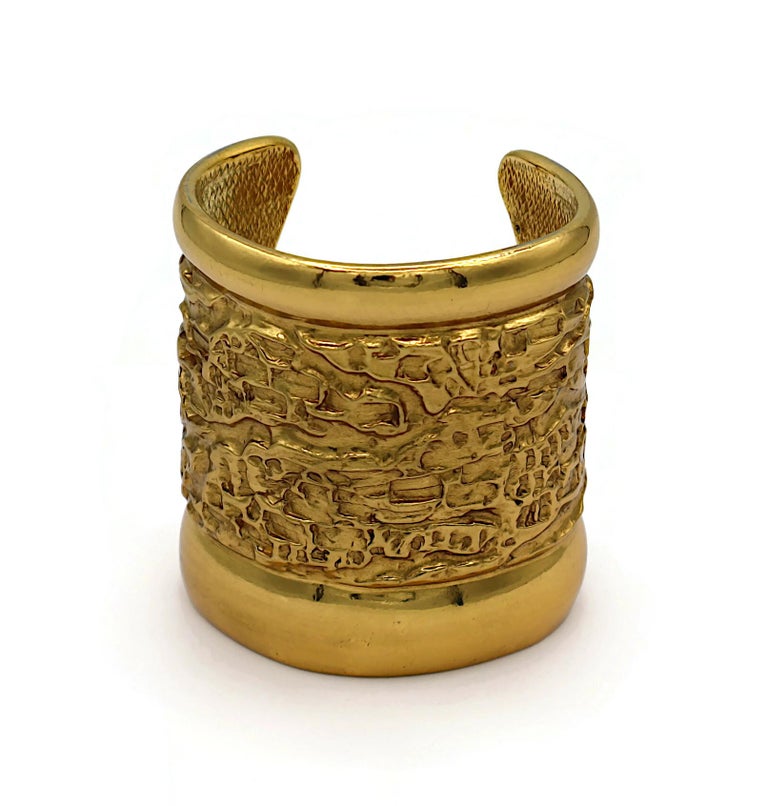 YVES SAINT LAURENT YSL Vintage Gold Tone Lava Textured Wide Cuff