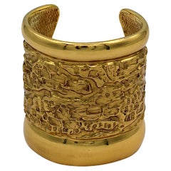 YVES SAINT LAURENT YSL Vintage Gold Tone Lava Textured Wide Cuff Bracelet
