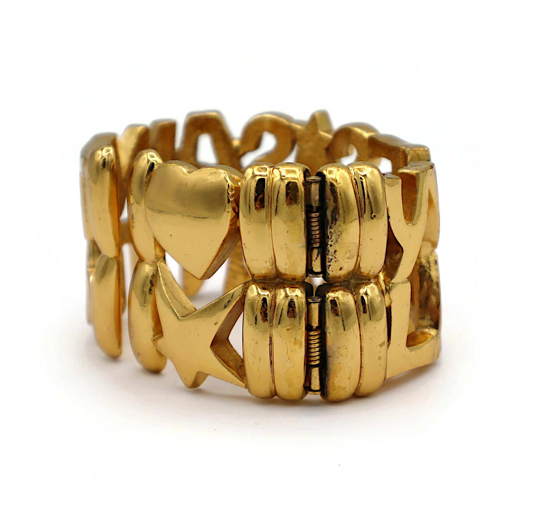 YVES SAINT LAURENT YSL Vintage Gold Tone Letter Heart Star Cuff Bracelet For Sale 9
