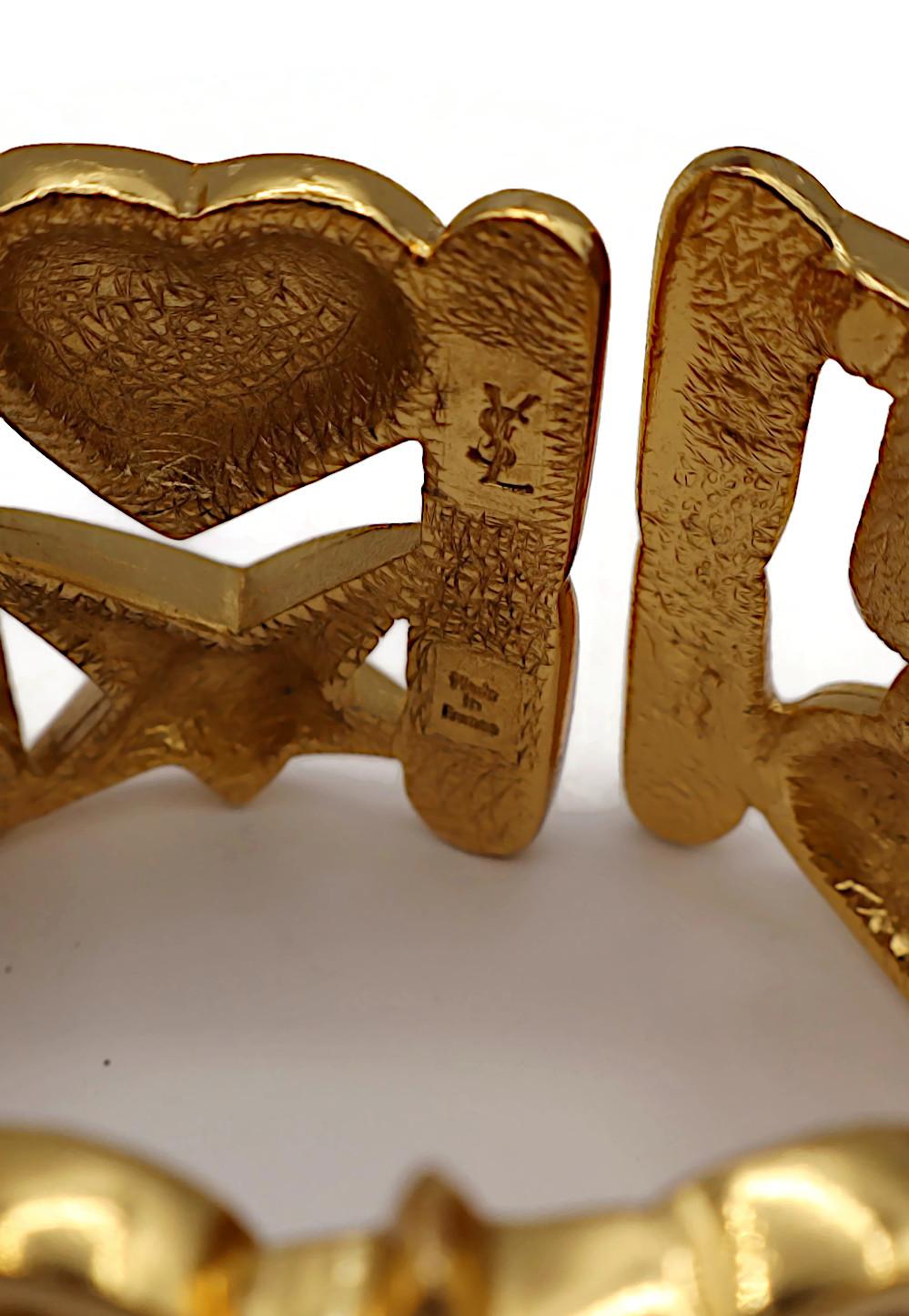 YVES SAINT LAURENT YSL Vintage Gold Tone Letter Heart Star Cuff Bracelet For Sale 10